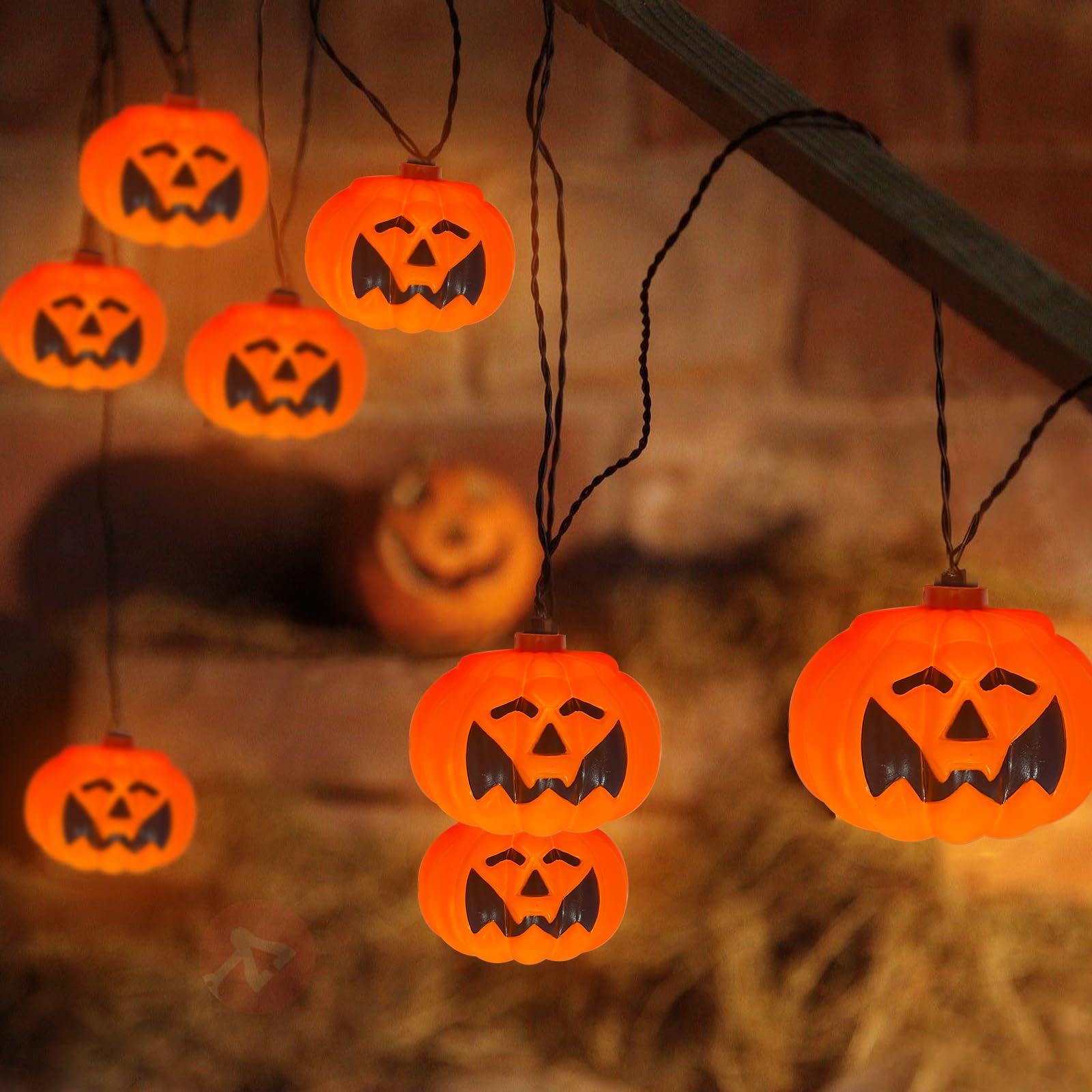 8.5FT Halloween Pumpkin Bat String Lights – 10 Orange Lanterns with Warm Glow & End-to-End Connection