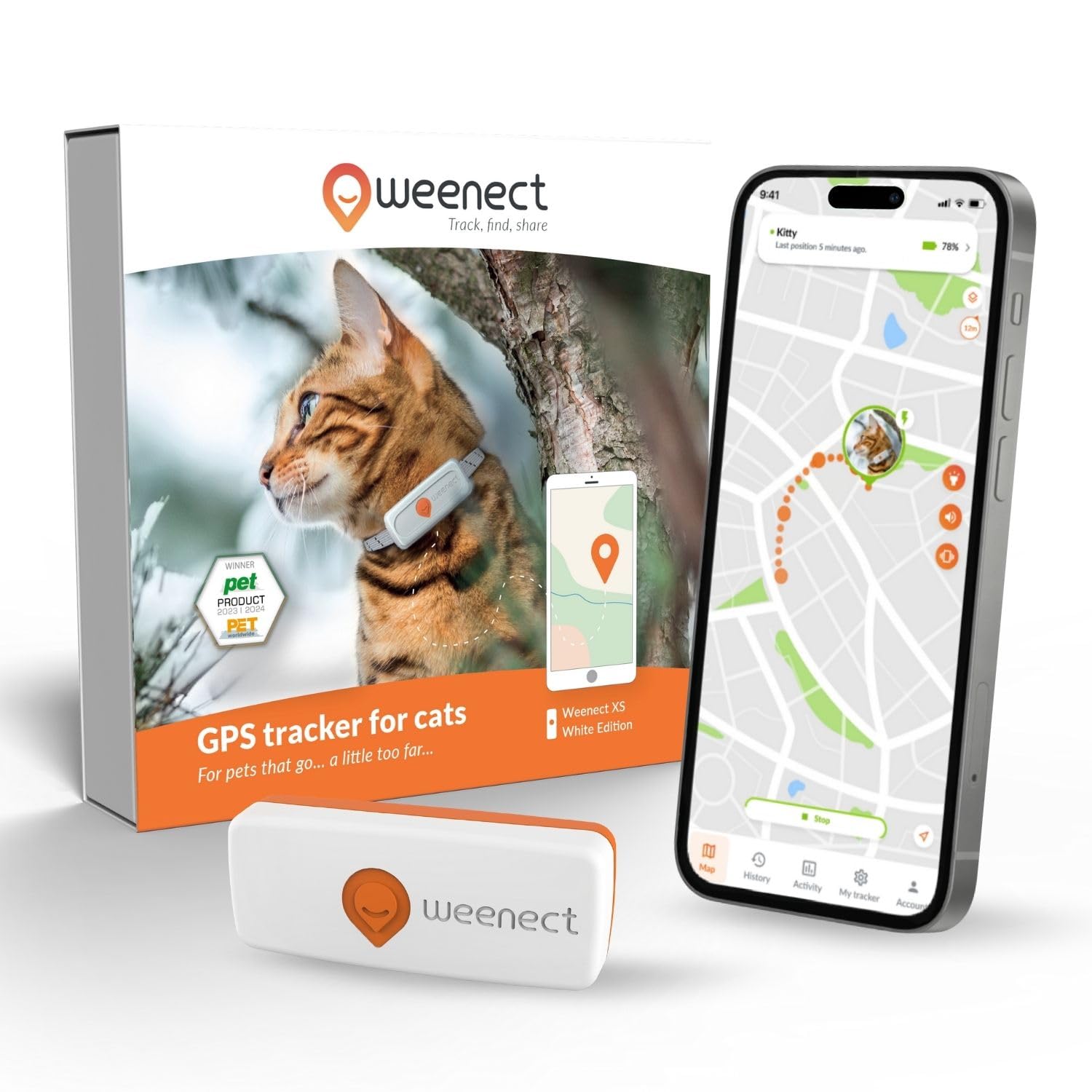 Weenect XS Ultra-Compact GPS Tracker for Cats – Real-Time Global Tracking Device with Flashlight & Secure Collar Attachment (White)