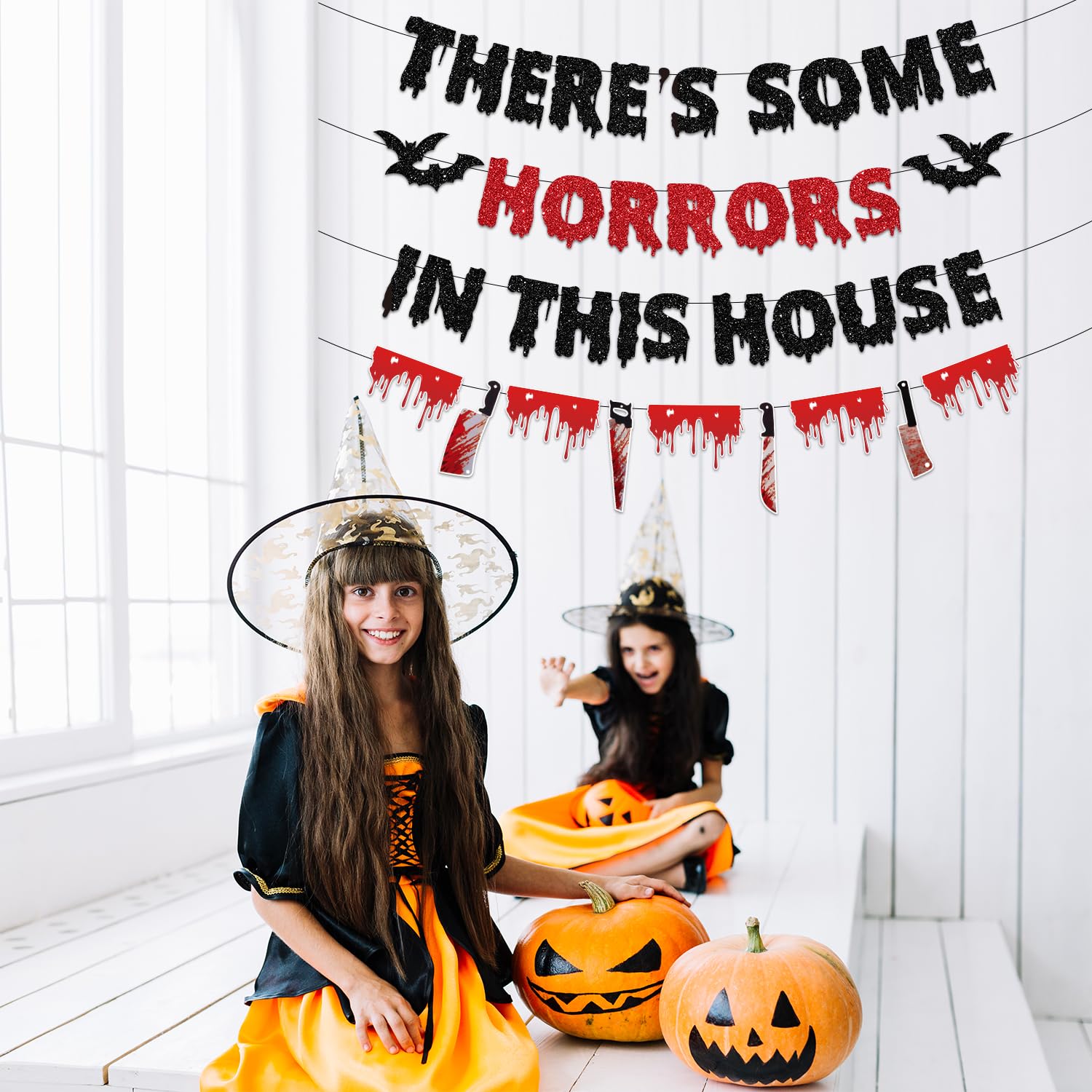 “There’s Some Horrors in This House” Halloween Banner Set – Red & Black Glitter Party Decorations