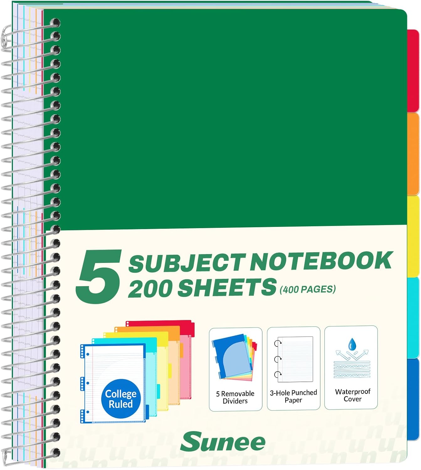 All-in-One Study Notebook with 5 Pocket Dividers, 400 College Ruled Pages and Binder-Ready Sheets