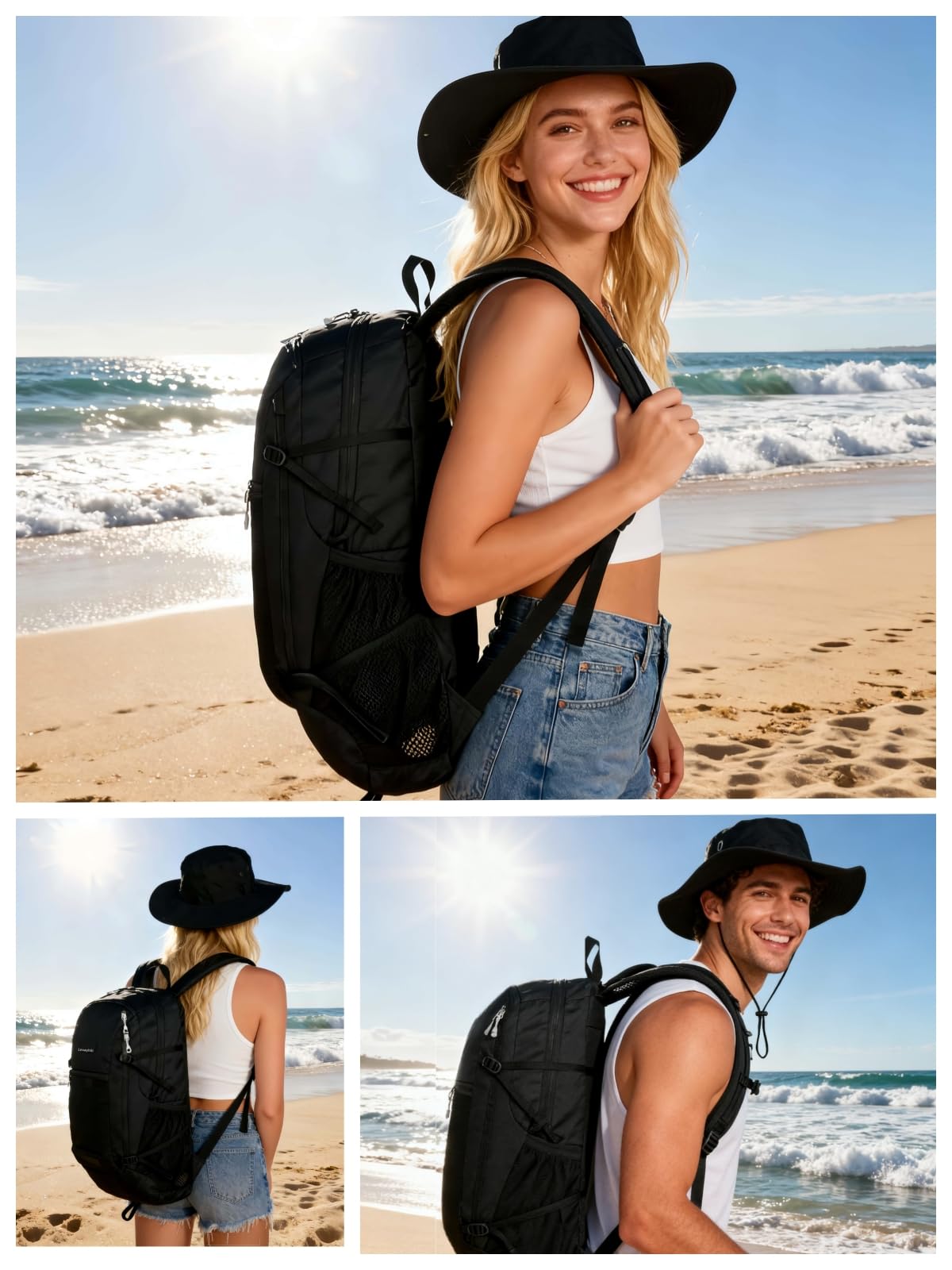 LEVAYHILL 30L Foldable Backpack & Bucket Hat 2-in-1 Lightweight Packable Travel Set – Black