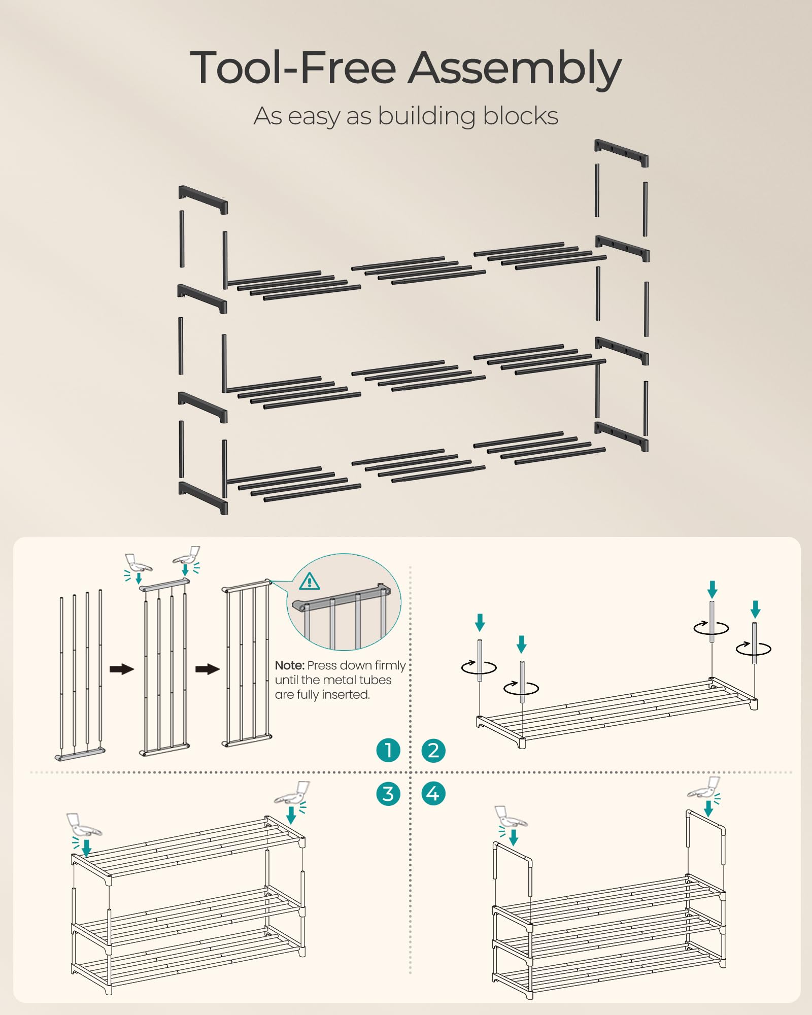 SONGMICS 3-Tier Metal Shoe Rack – Stackable, Flip-Design Shoe Organizer for Entryway & Closet (Black)
