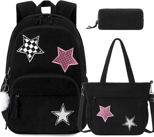 Black Star Corduroy 3-Piece School Backpack Set