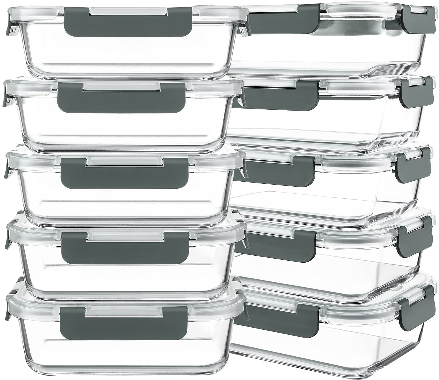 Glass Meal Prep Containers with Lids – 10-Pack 30 oz Borosilicate Food Storage Set (Gray Lids)