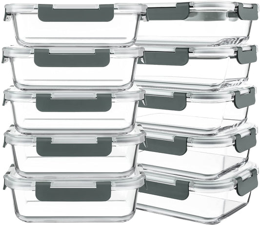 Glass Meal Prep Containers with Lids – 10-Pack 30 oz Borosilicate Food Storage Set (Gray Lids)
