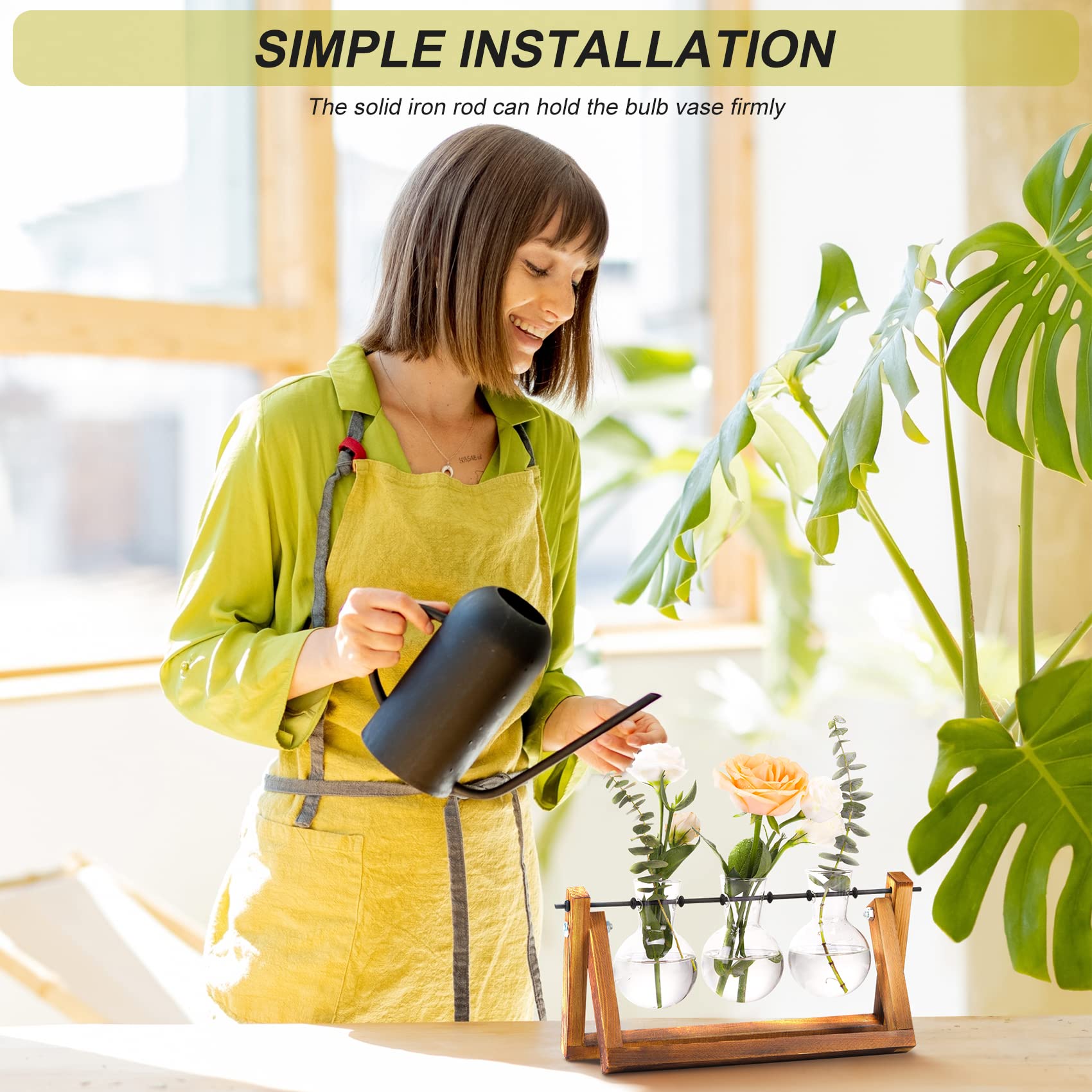 XXXFLOWER Glass Plant Terrarium with Wooden Stand 3 Bulb Hydroponic Vase Retro Tabletop Air Planter for Home Office Décor – Clear Green