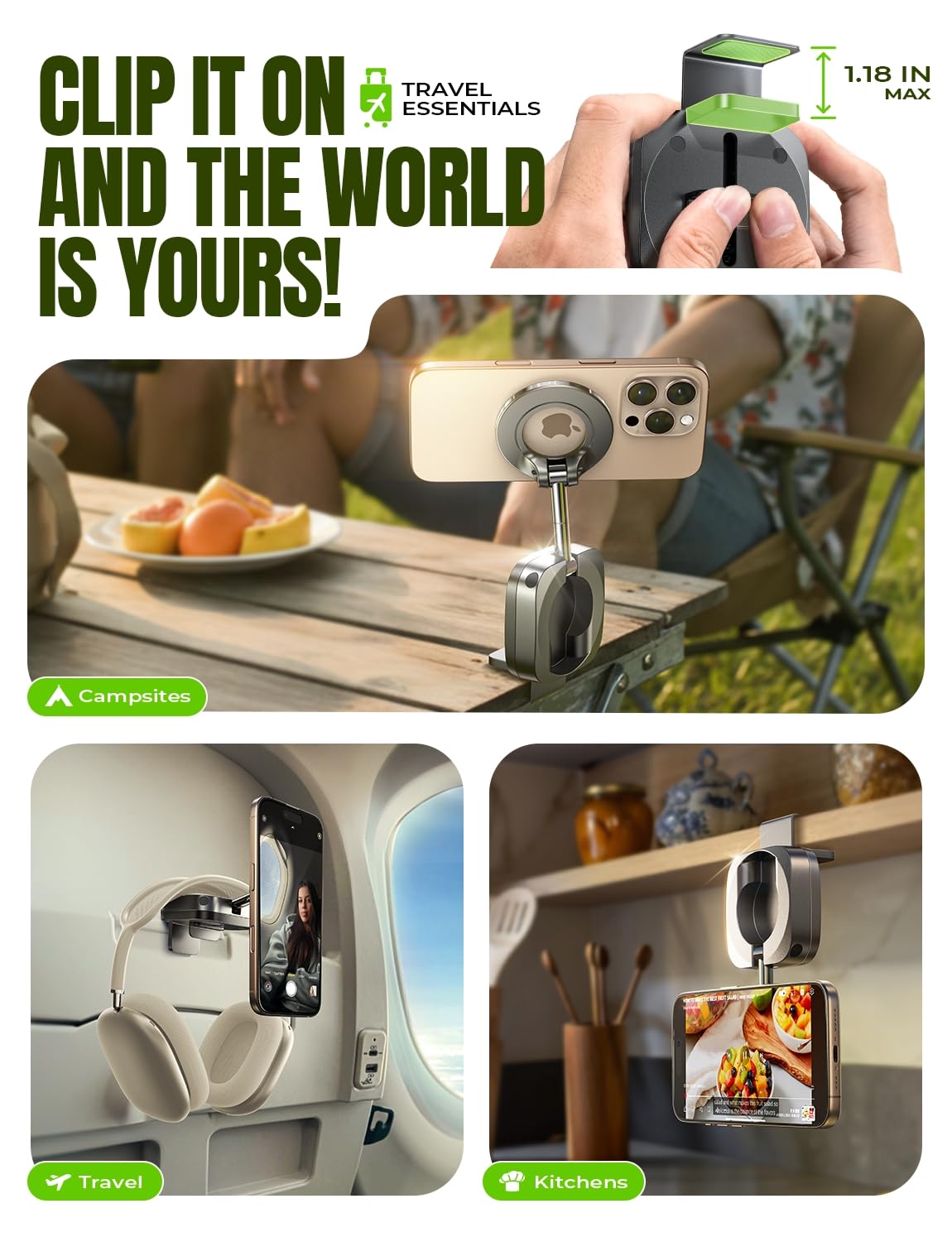 MagSafe Airplane Phone Holder Mount – 360° Rotating Travel Phone Stand for iPhone, Tray Tables & Luggage Handles
