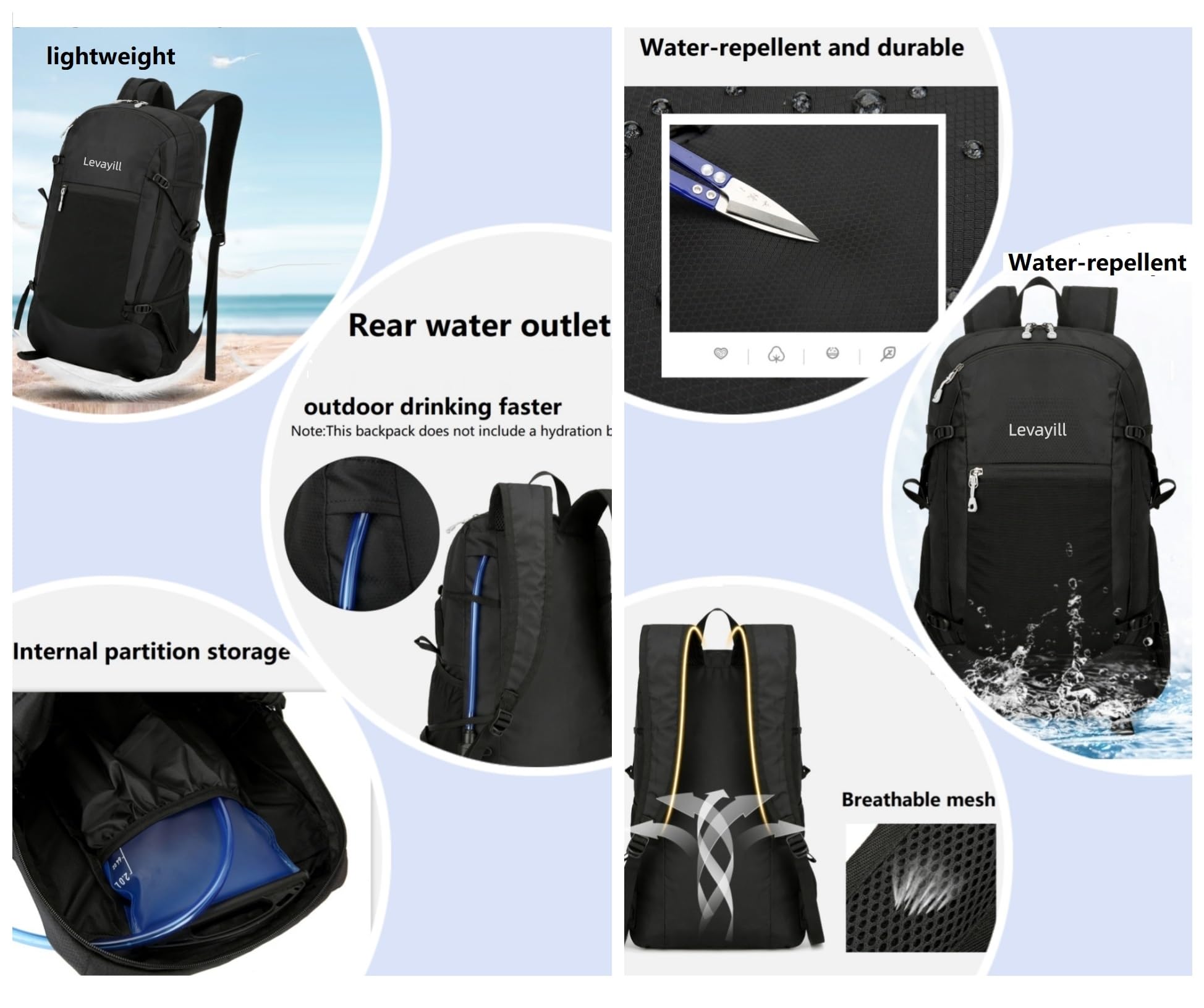 LEVAYHILL 30L Foldable Backpack & Bucket Hat 2-in-1 Lightweight Packable Travel Set – Black