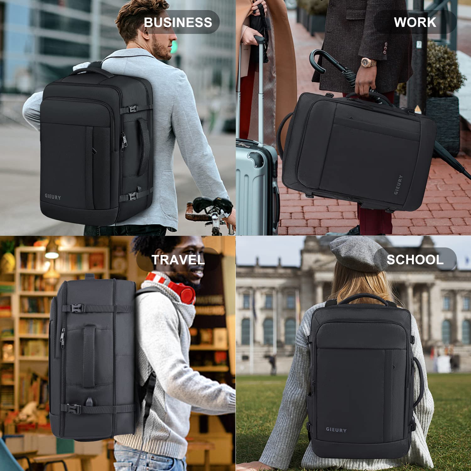 GIEURY 50L Expandable Carry On Travel Backpack with TSA 180° Opening and Shoe Compartment – Black