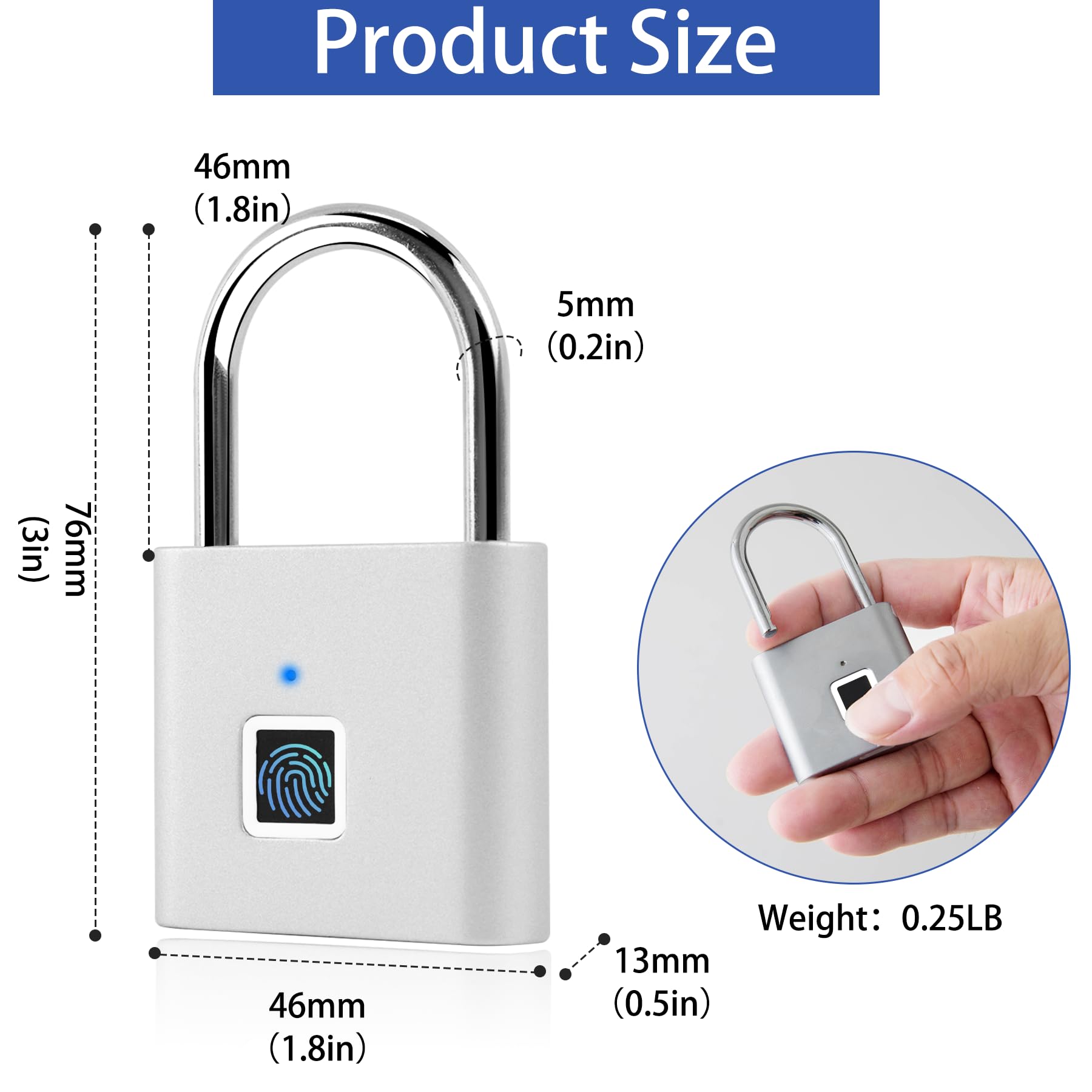 UMIKSMART Fingerprint Padlock with USB-C Rechargeable Battery, Biometric Keyless Lock for Gym Locker, Cabinets & Personal Storage