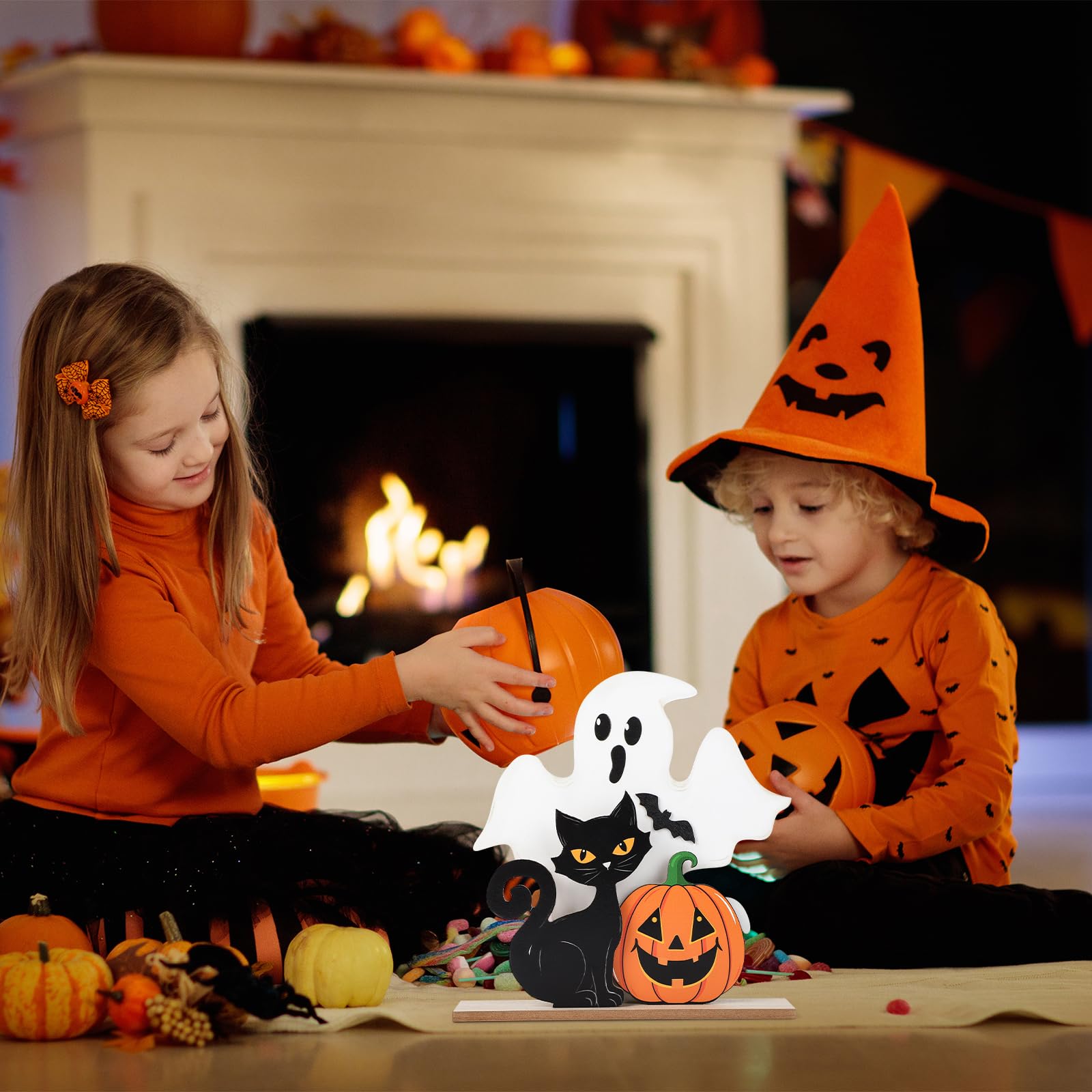 Rustic Wooden Halloween Decor Set – White Ghost, Black Cat & Plaid Pumpkin Tabletop Signs (3-Pack)