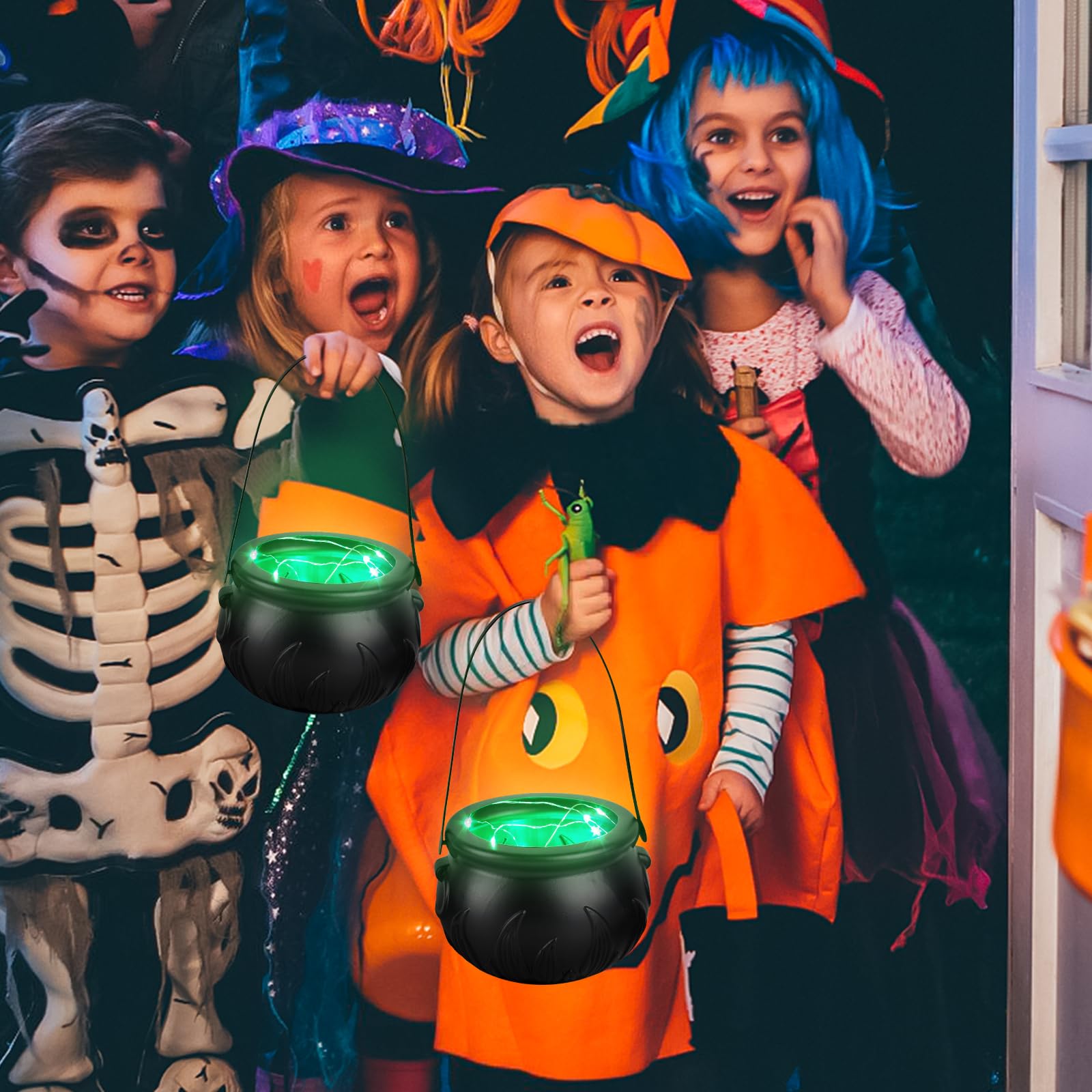 3-Pack Black Witch Cauldron Serving Bowls with Green LED Lights – Halloween Candy & Snack Display Set