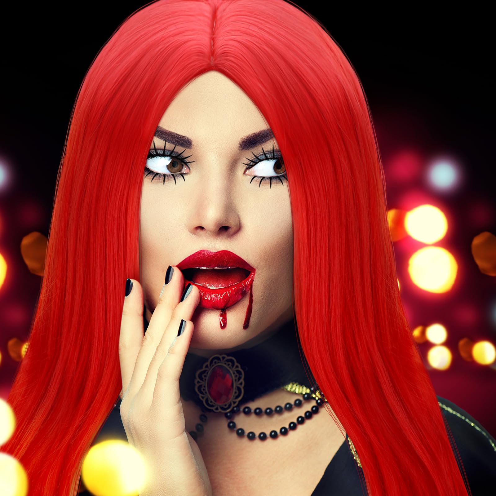 Red Long Wig & False Eyelash Set – Halloween Costume Accessories for Women 💋🎃