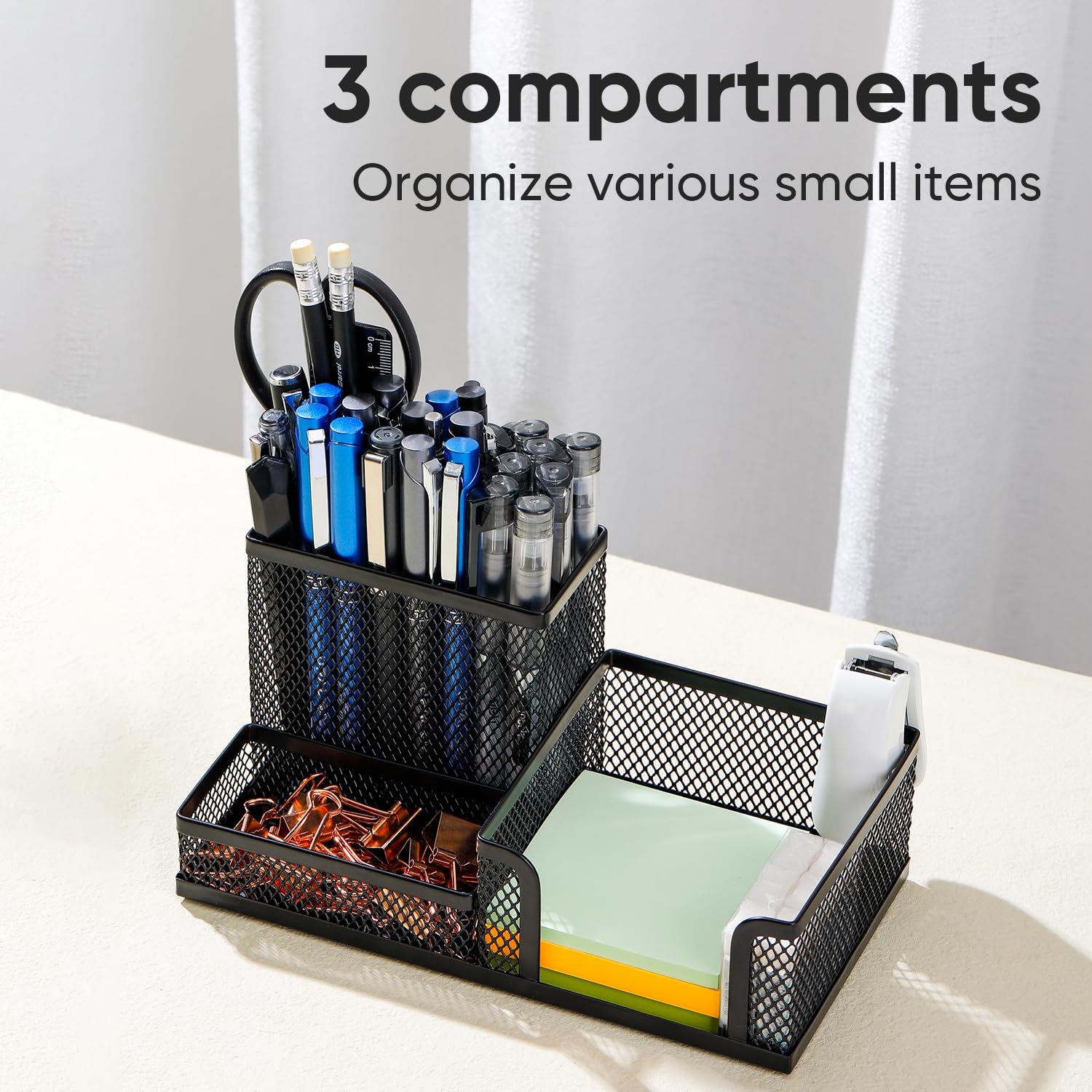 Deli Mesh Desk Organizer 3-Compartment Metal Office Supplies Holder with Non-Slip Base Desktop Storage Caddy – Black