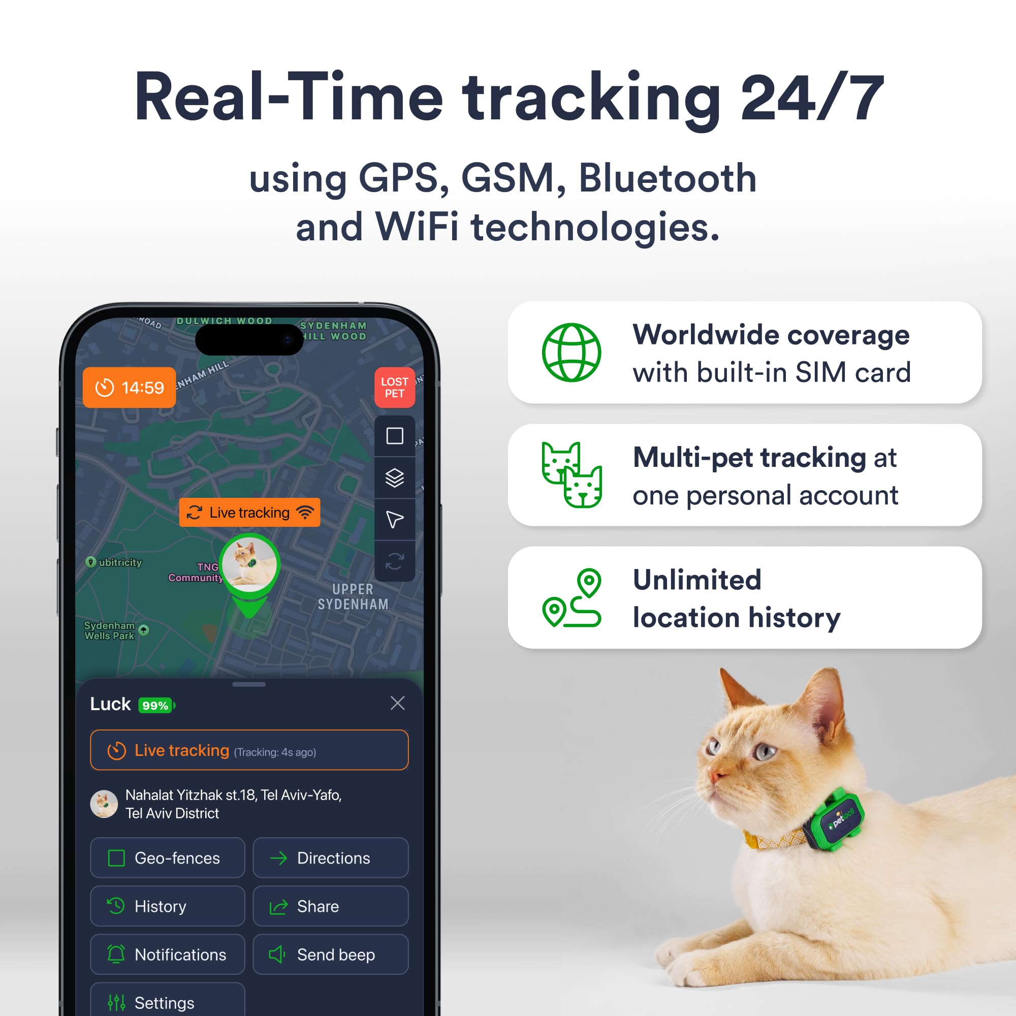 4G GPS Cat Tracker Collar Real-Time Location Waterproof Smart Pet Locator with Geo-Fence Alerts and App Control