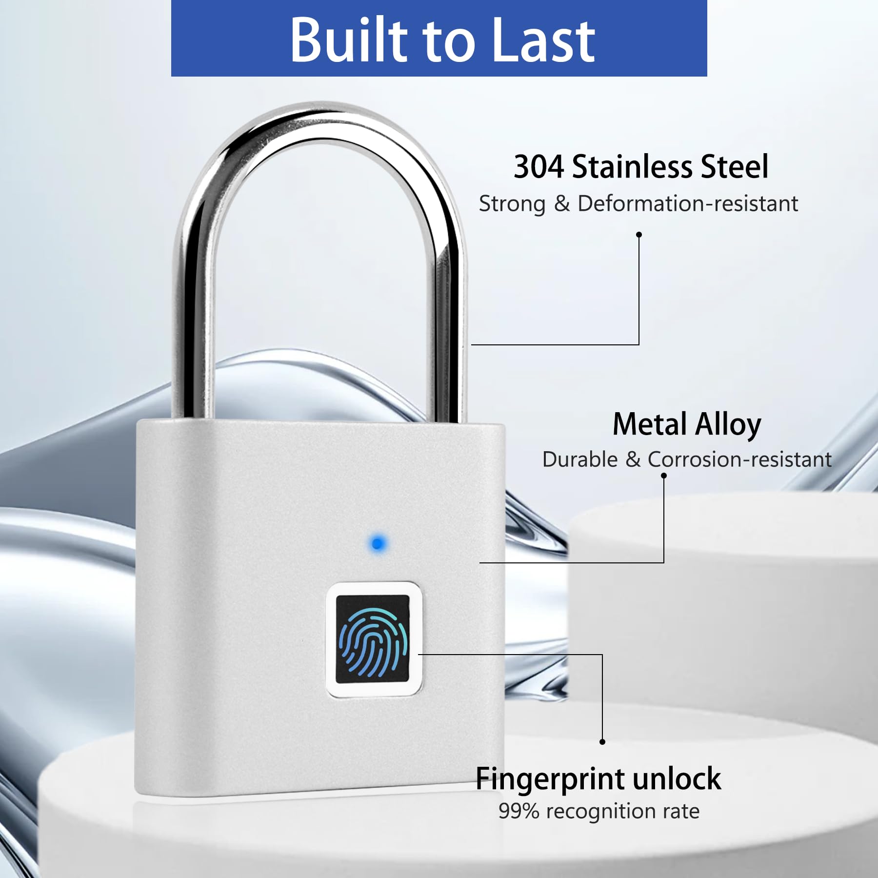 UMIKSMART Fingerprint Padlock with USB-C Rechargeable Battery, Biometric Keyless Lock for Gym Locker, Cabinets & Personal Storage