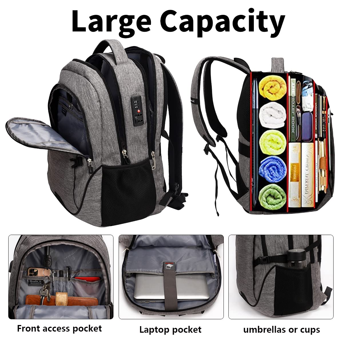 Shrradoo Anti-Theft Laptop Backpack with USB Charging Port & Password Lock – Large Travel & College Backpack (Fits up to 17”) – Grey