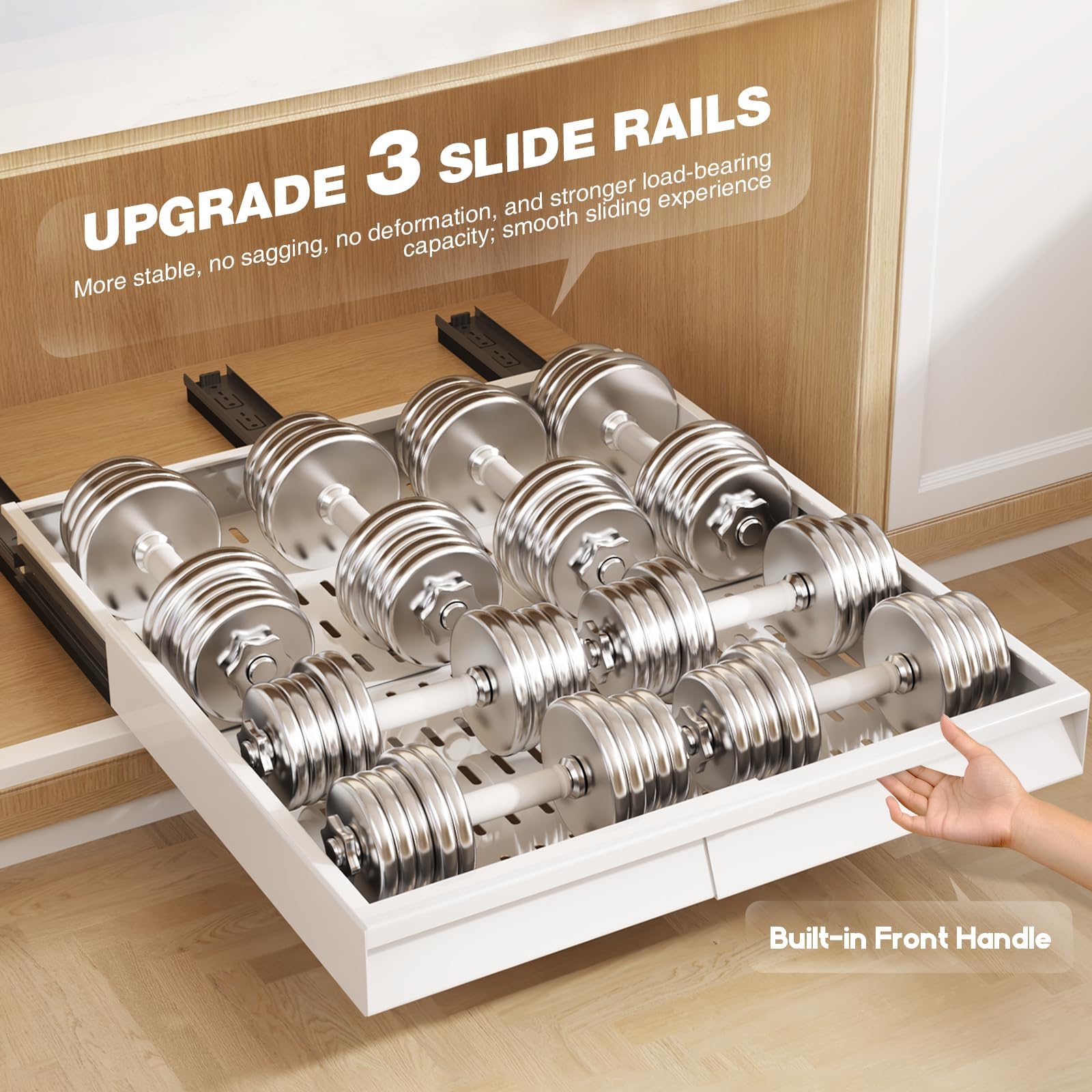 Expandable Pull-Out Cabinet Organizer with Handle – Adjustable Width & Depth, 3-Rail Slide-Out Shelf (White, 2-Pack)