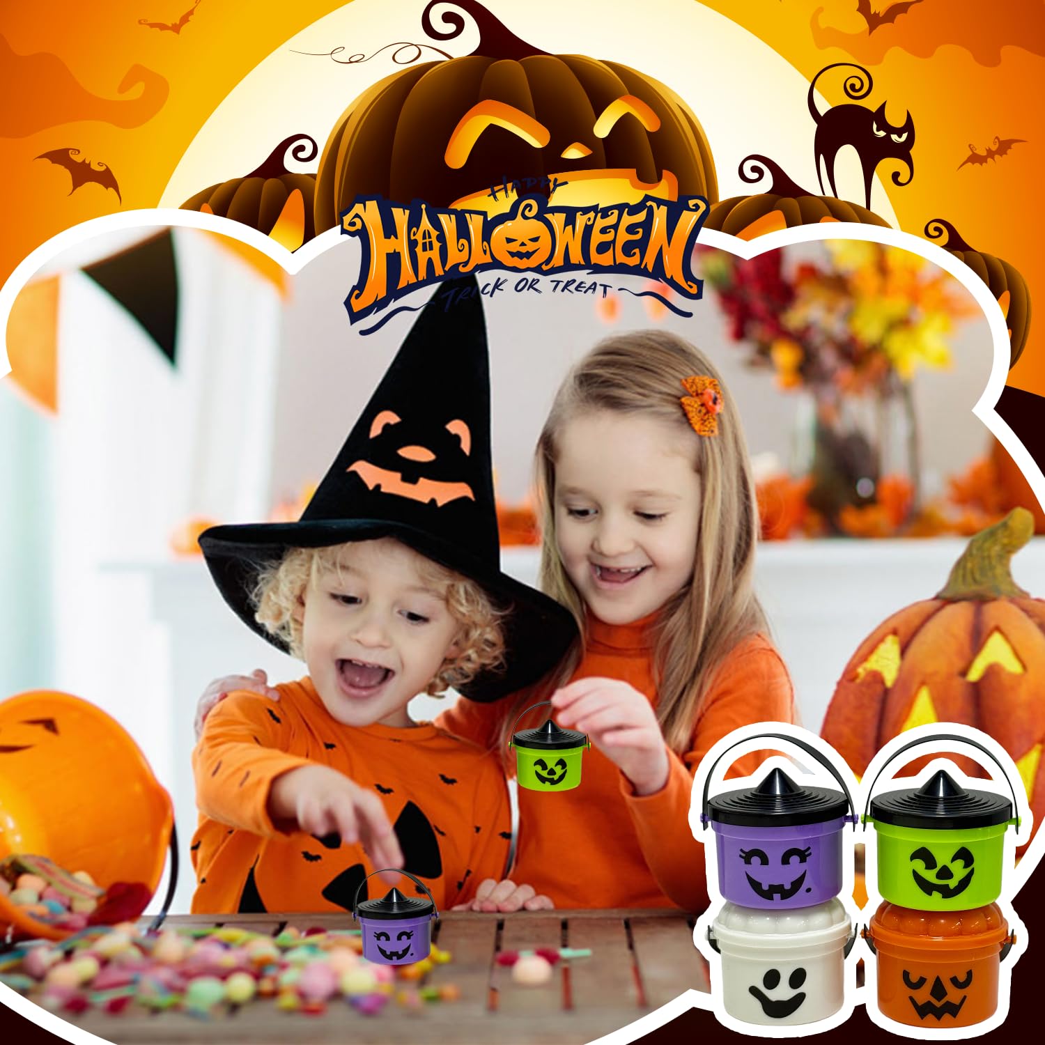 4-Pack Mini Halloween Candy Buckets – Pumpkin, Ghost, Witch & Monster Design Trick-or-Treat Set