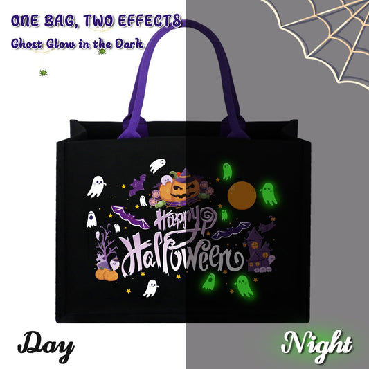 Glow-in-the-Dark Halloween Tote Bag – Large Black Canvas Trick-or-Treat Bag with Ghost & Pumpkin Design (Reusable)