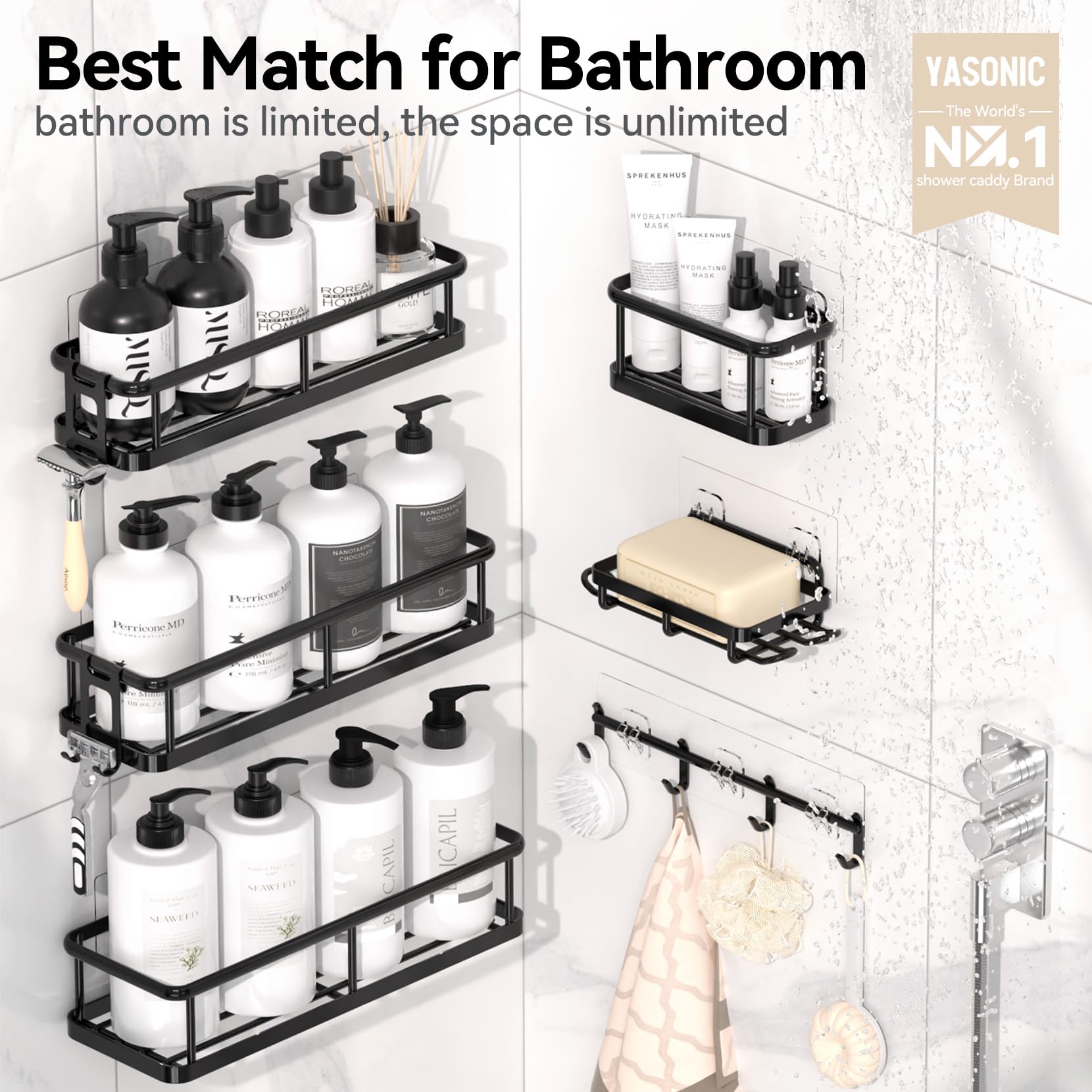 6-Pack Adhesive Shower Caddy Organizer Set – 100% Rustproof Stainless Steel (Black)