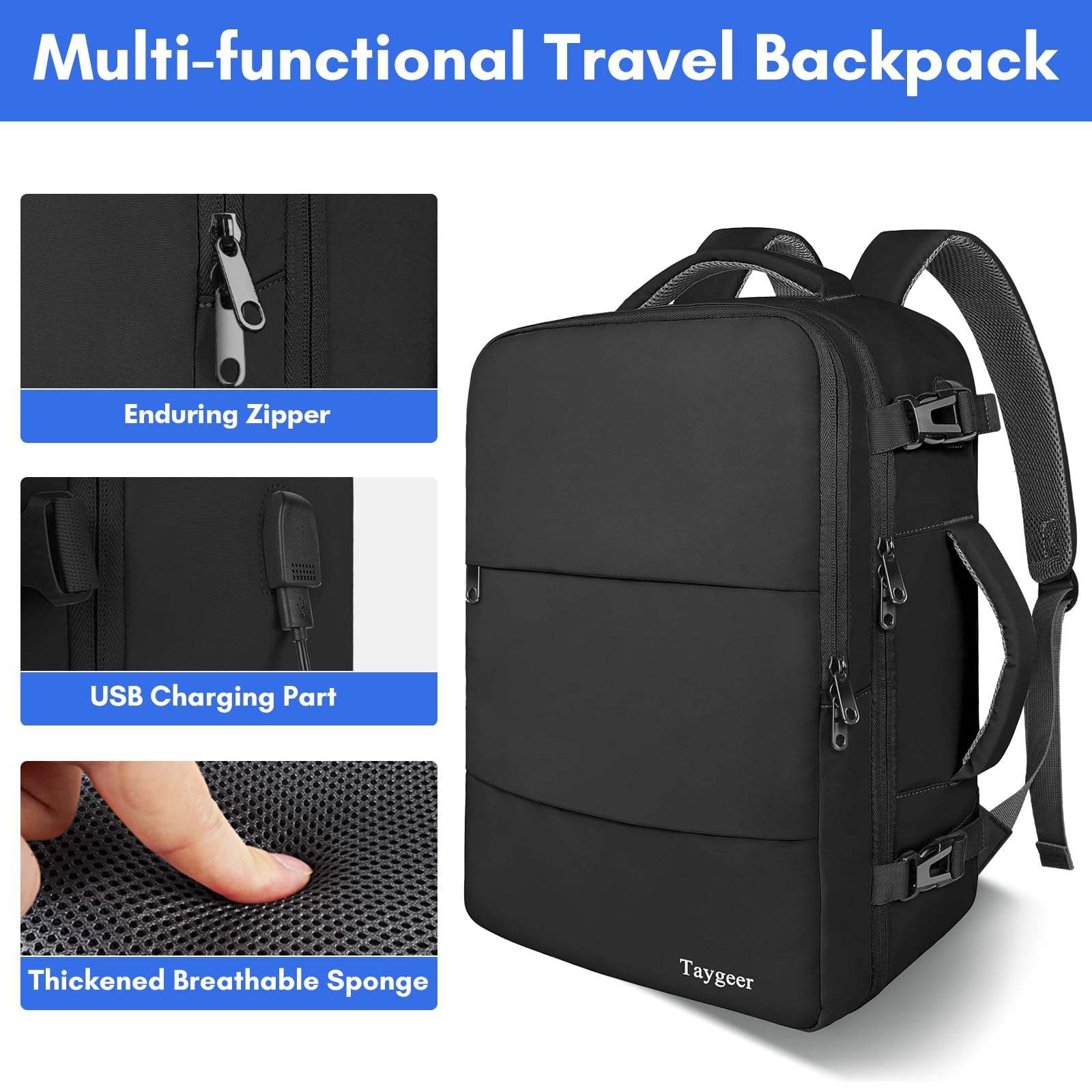 Taygeer Carry-On Travel Backpack with USB Charging Port & Shoe Compartment – 17.3” Laptop, Black