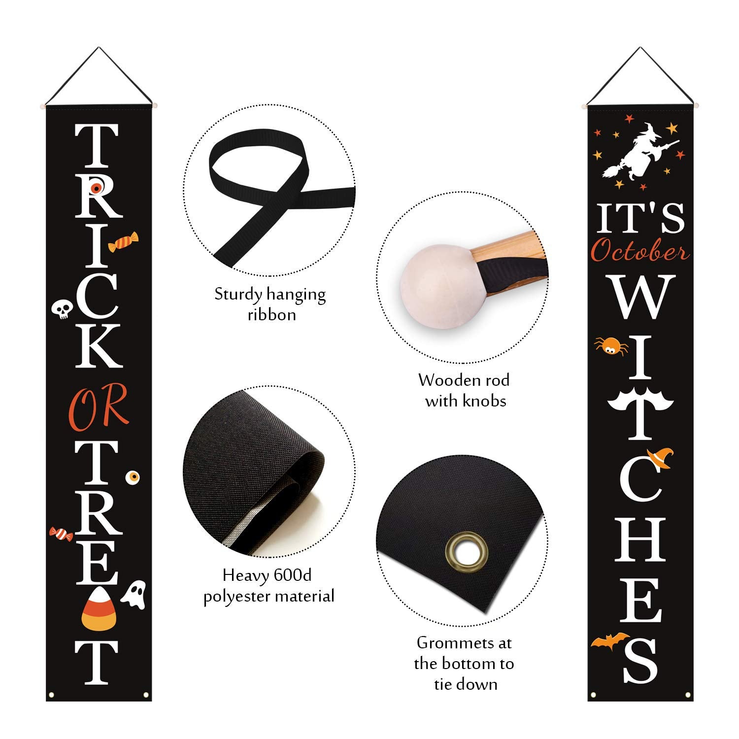 Halloween Porch Banners – Trick or Treat & It’s October Witches Hanging Signs for Front Door & Outdoor Decor