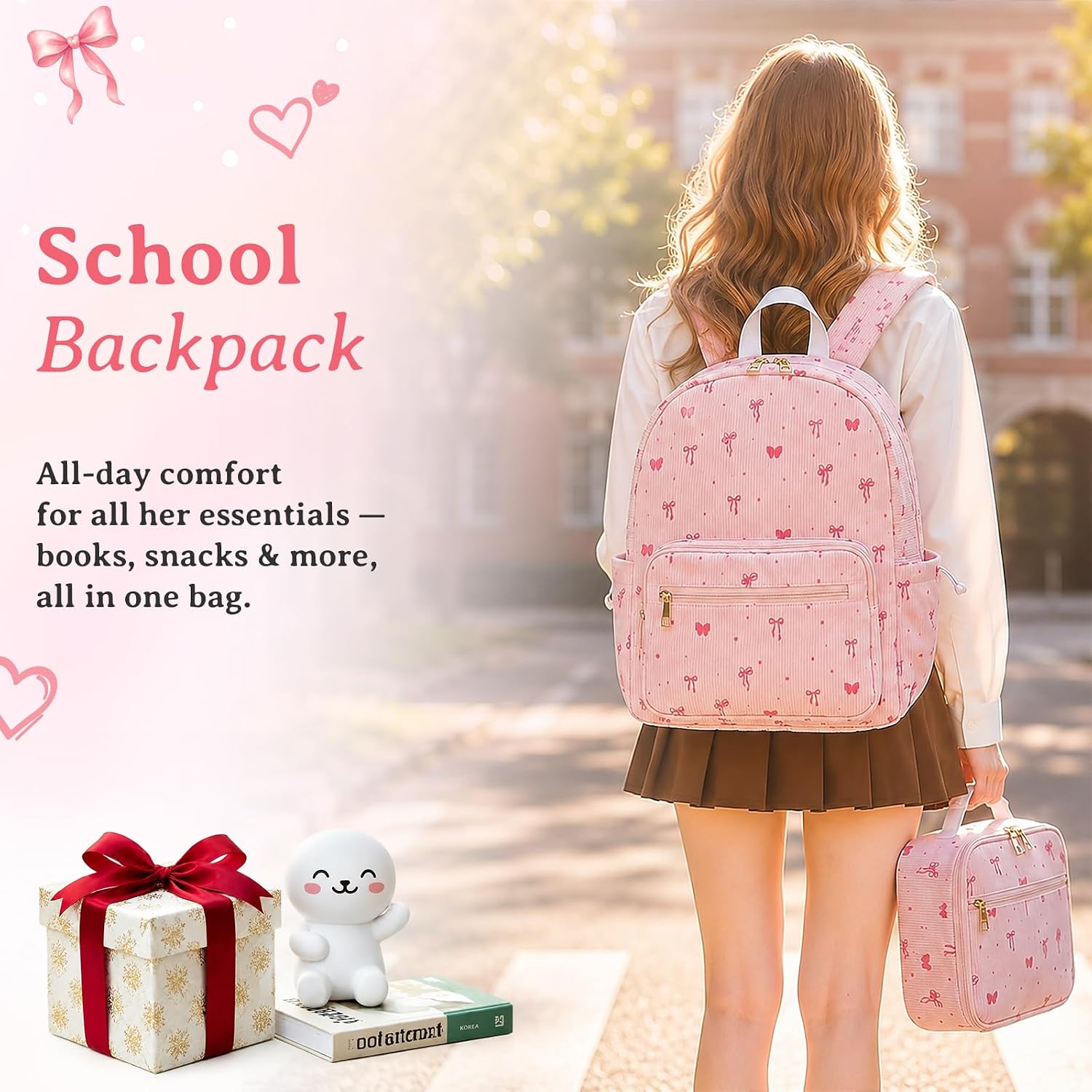 Pink Bow Corduroy Backpack Set with Lunch Bag
