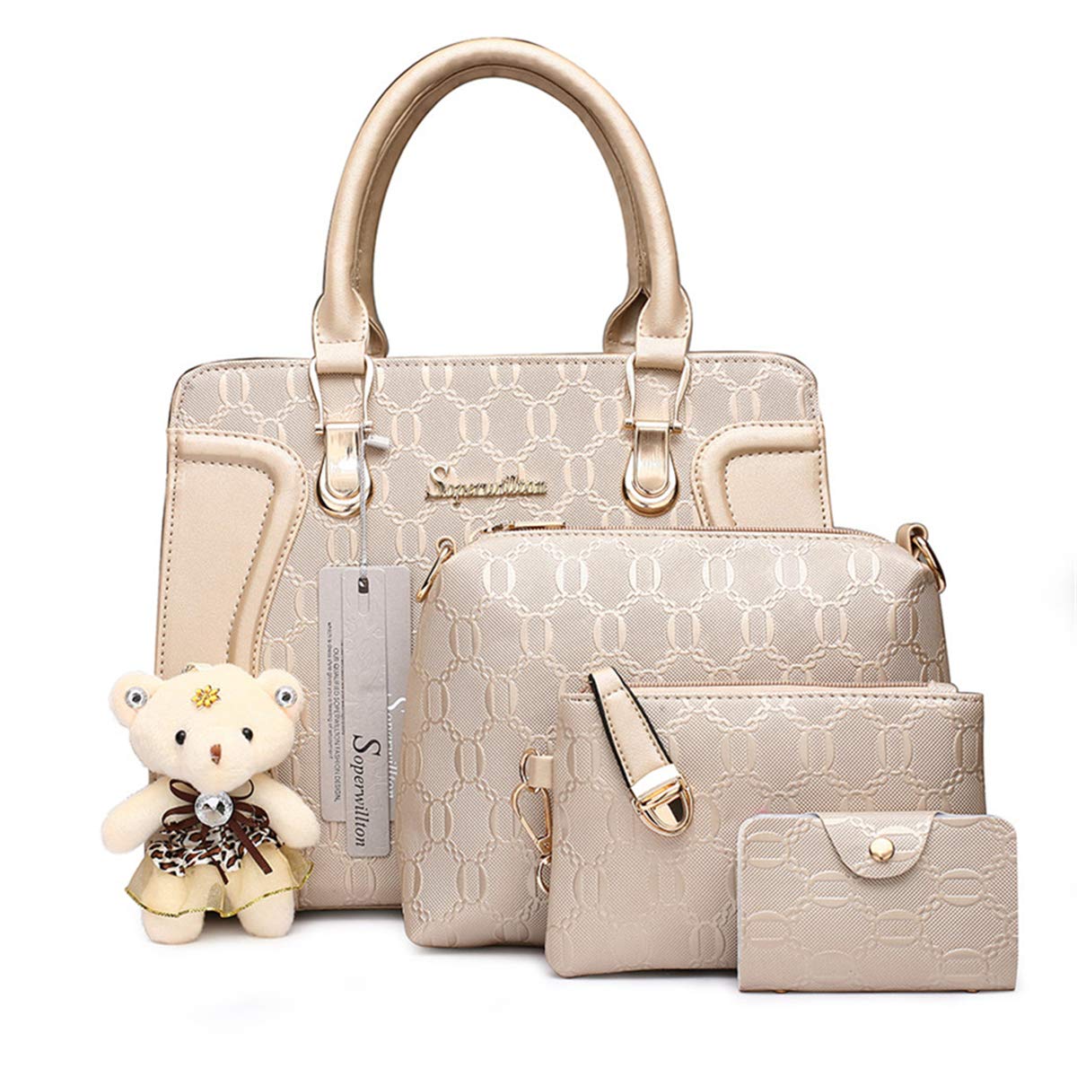 Women’s 4-Piece Fashion Handbag Set – Tote, Shoulder Bag, Crossbody & Wallet Purse Set (B-Gold