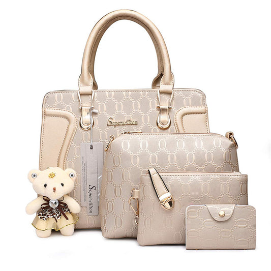 Women’s 4-Piece Fashion Handbag Set – Tote, Shoulder Bag, Crossbody & Wallet Purse Set (B-Gold