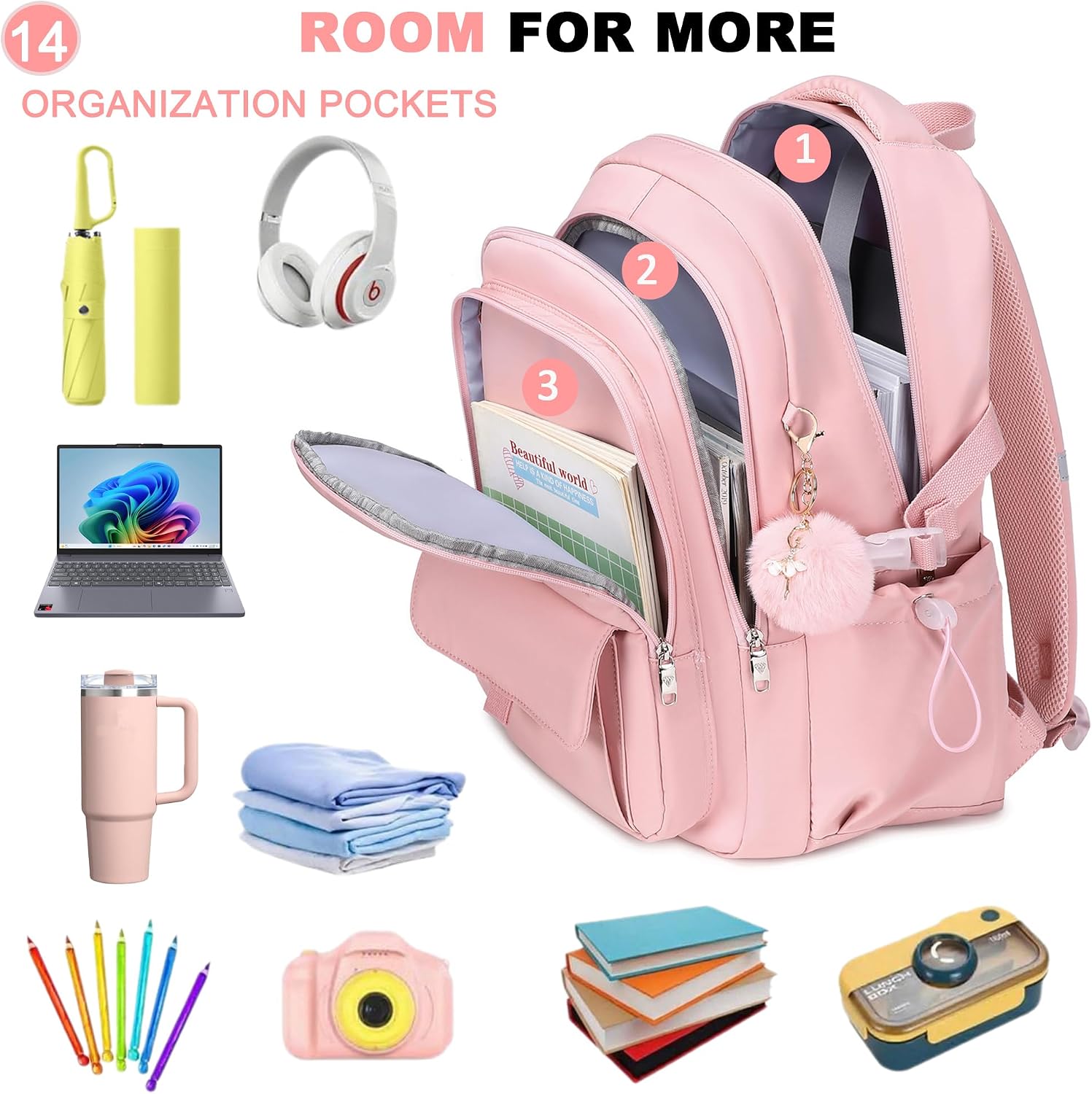 Pink 3-Piece School Backpack Set with Laptop Sleeve