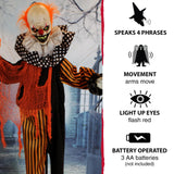 Haunted Hill Farm Life-Size Scary Talking Clown, Halloween Animatronic with Motion and Touch Activated Lights and Sounds, Battery Operated Indoor or Covered Outdoor Halloween Decorations