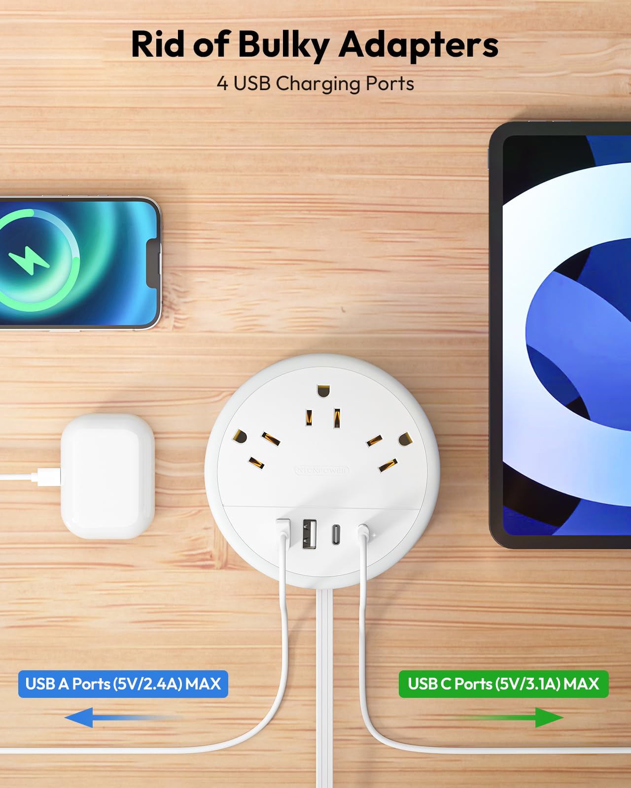 Compact Travel Power Strip with USB-C – 7 Device Charging Station, Ultra Thin Flat Plug & 4ft Wrap Cord for Hotels, Cruise & Home Use