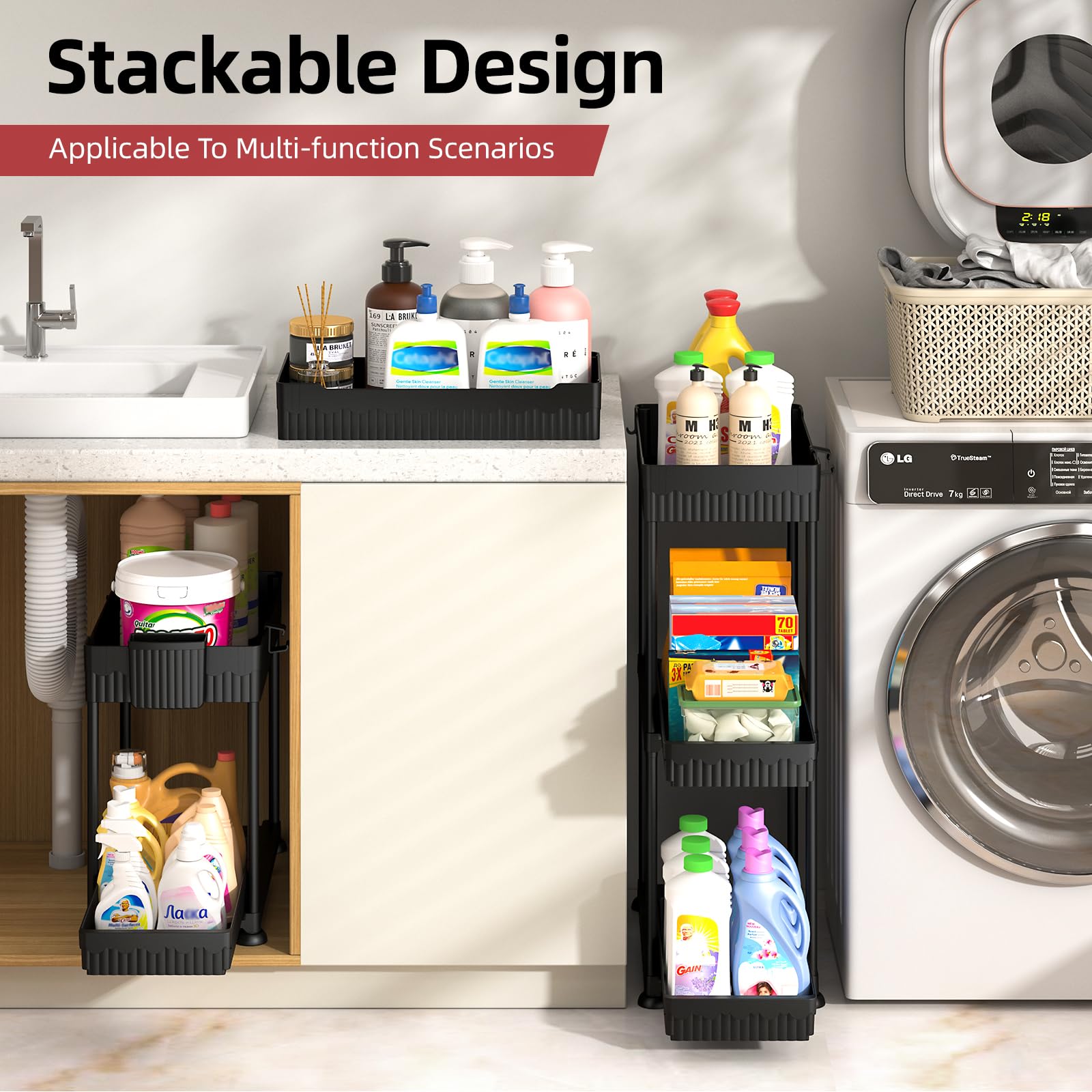 4-Pack Under Sink Organizer Set – 2-Tier Pull-Out Storage with Hooks & Cups (Black)
