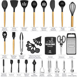 34-Piece Silicone Kitchen Utensil Set with Holder – BPA-Free, Stainless Steel Core (Black)