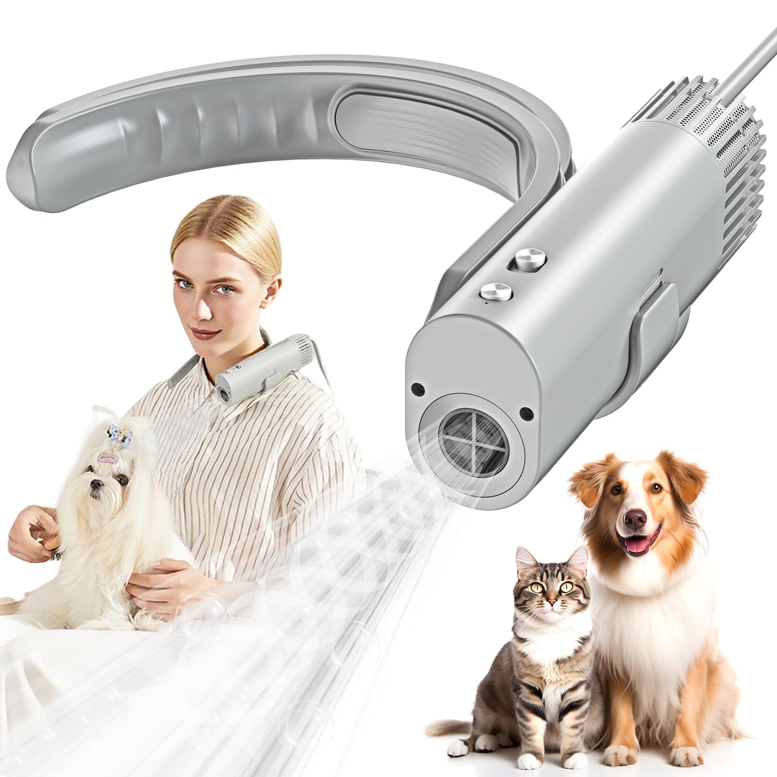 Hands-Free Pet Hair Dryer with 1400W Brushless Motor, Ultra Quiet Operation, Adjustable Heat and Speed, and Portable Grooming Design