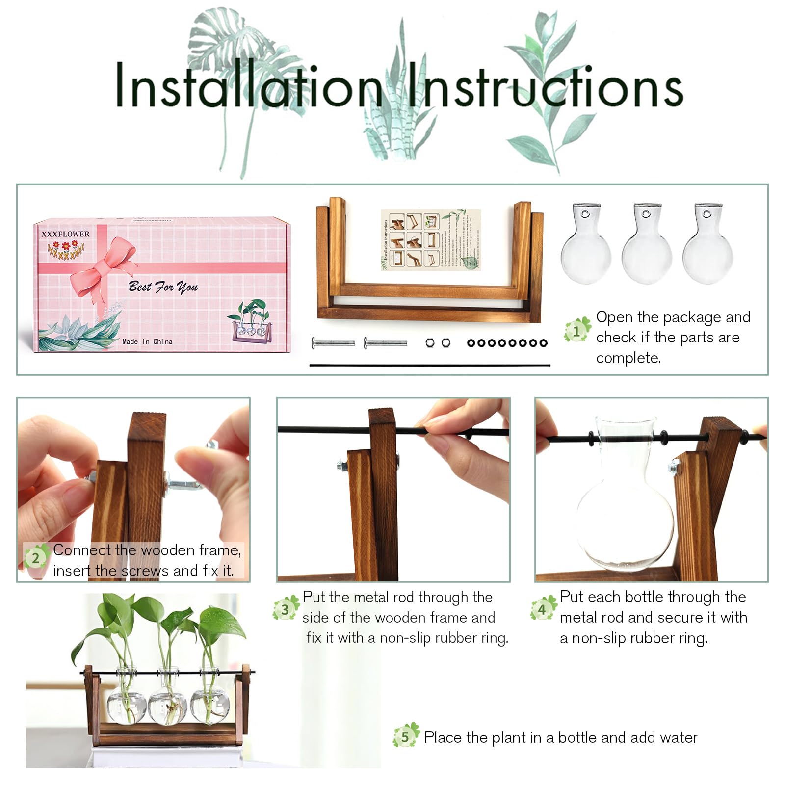 XXXFLOWER Glass Plant Terrarium with Wooden Stand 3 Bulb Hydroponic Vase Retro Tabletop Air Planter for Home Office Décor – Clear Green