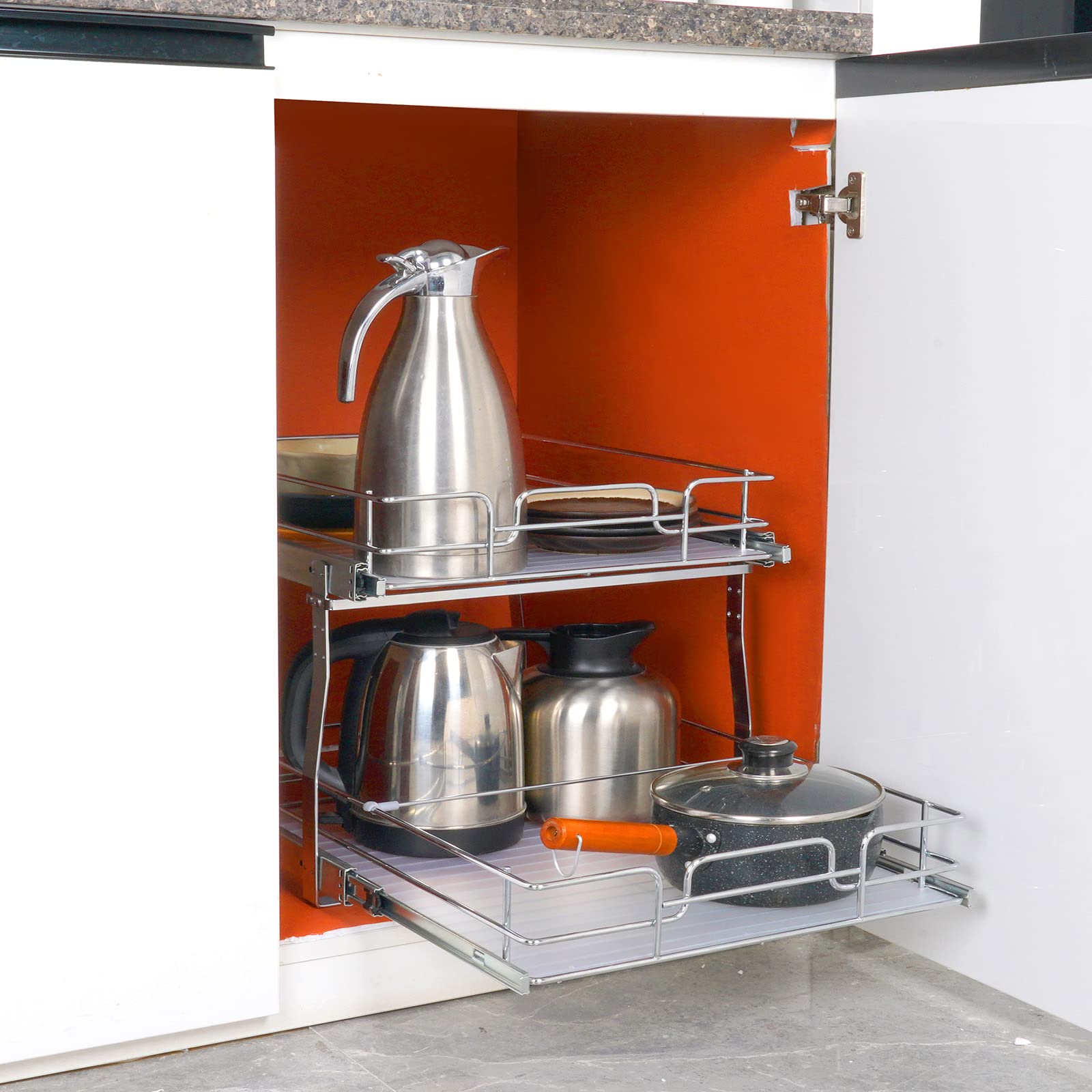 2-Tier Heavy-Duty Pull-Out Cabinet Organizer – Steel Slide-Out Pantry Shelves with Smooth Ball-Bearing Rails (18.7” W x 21” D)