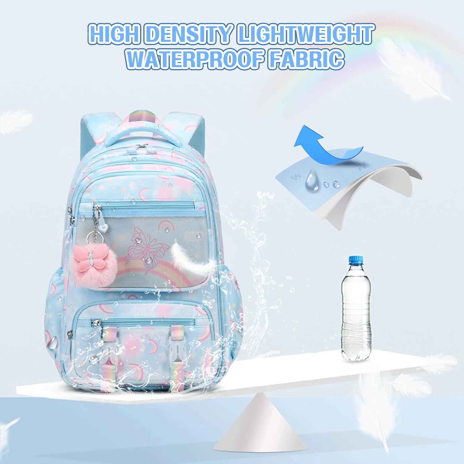 Rainbow Butterfly Backpack for Girls with Lunch Bag & Pencil Case Set, Kids School Backpack for Kindergarten, Elementary & Middle School Students