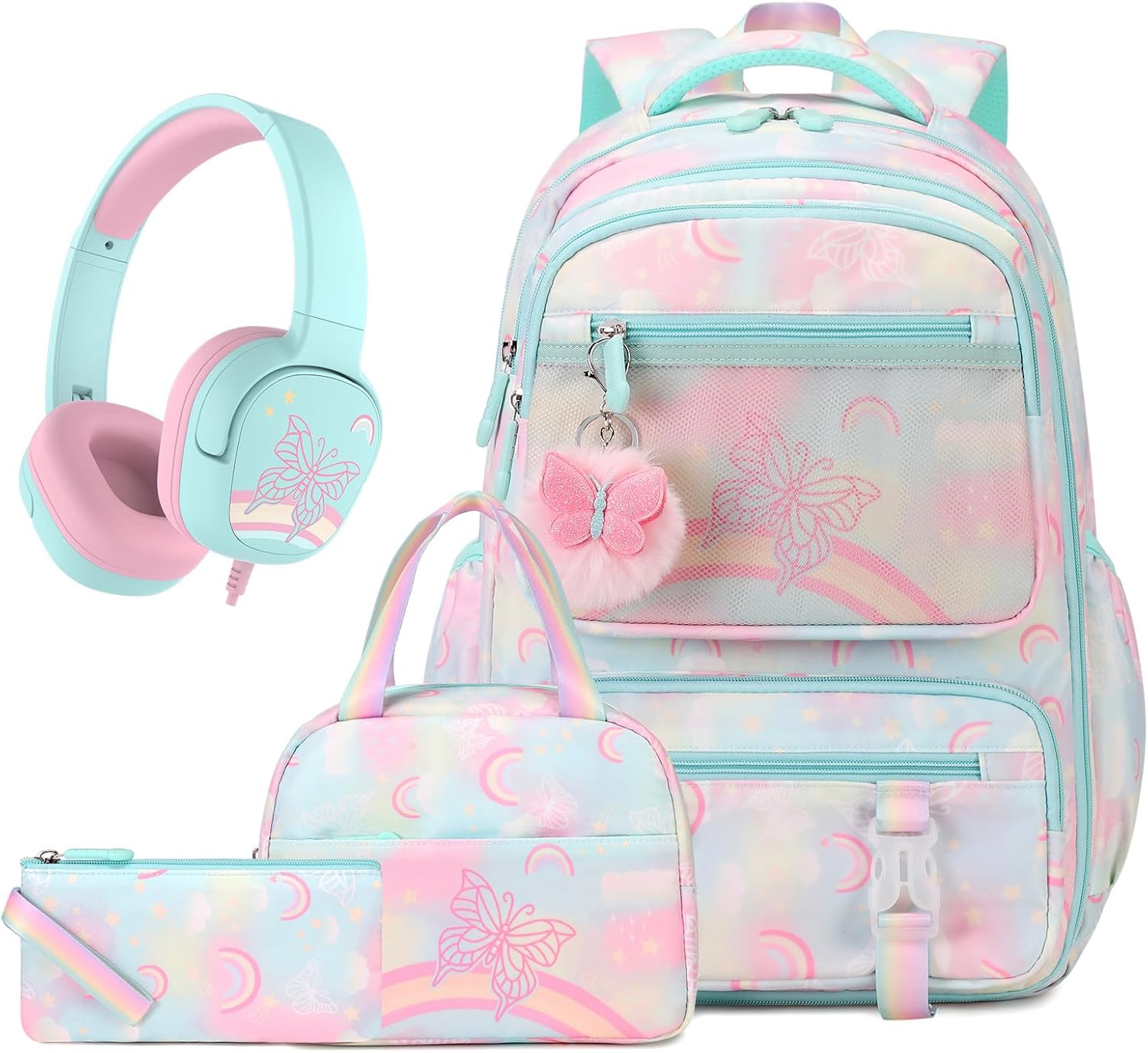 Rainbow Butterfly Backpack for Girls with Lunch Bag & Pencil Case Set, Kids School Backpack for Kindergarten, Elementary & Middle School Students