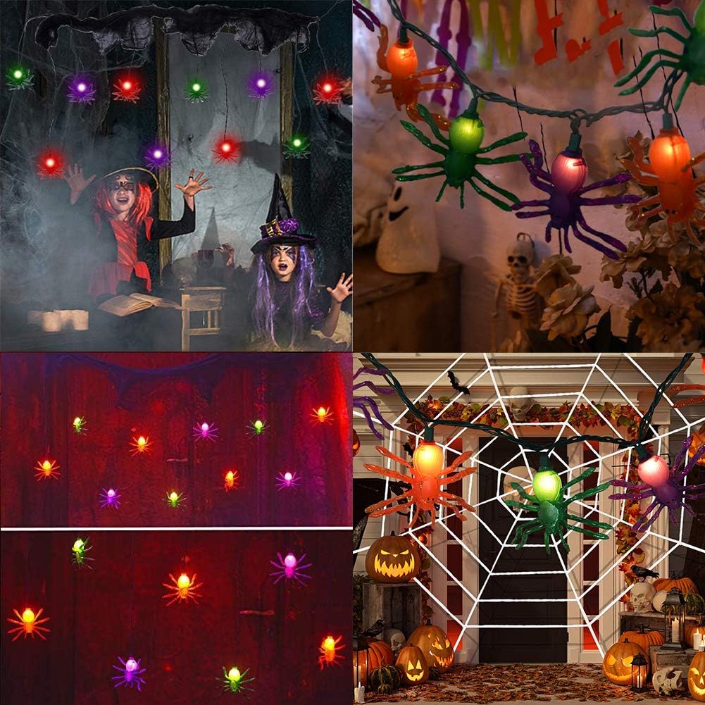 Multicolor Halloween Spider String Lights – 8.5ft Plug-In LED String with 10 Orange, Purple & Green Spiders (Connectable Indoor/Outdoor Décor)