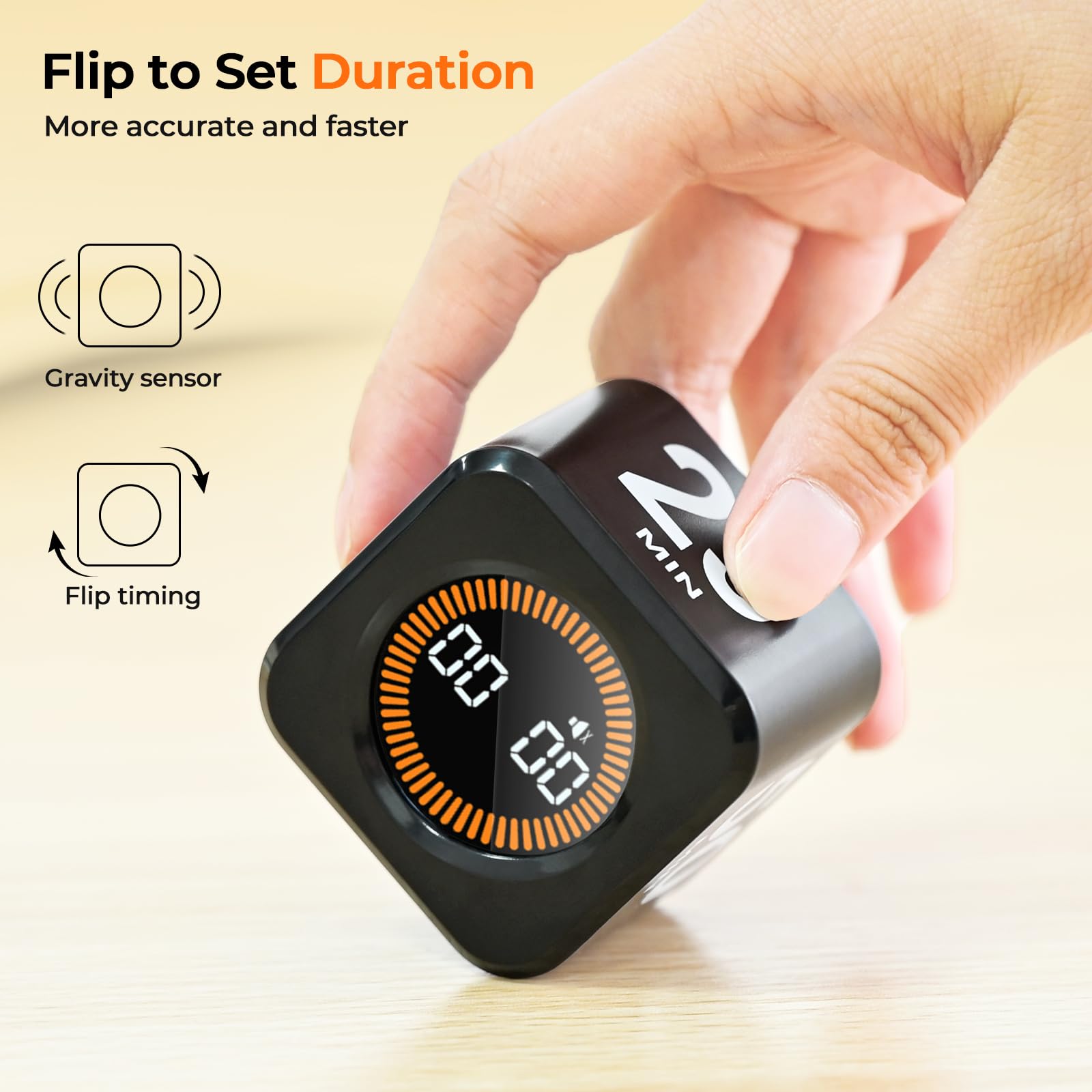 EOOCOO Visual Pomodoro Timer Cube with Gravity Flip, LED Progress Display & USB-C Rechargeable Design – Black