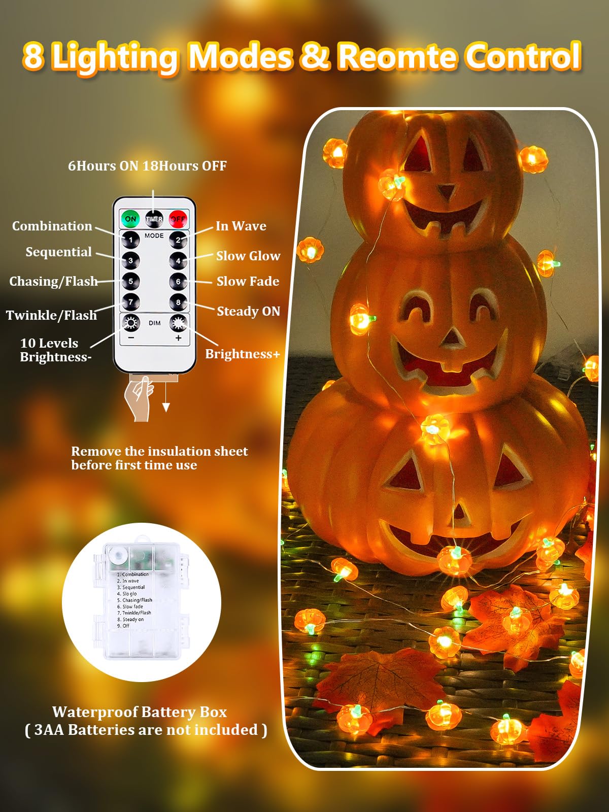 30 LED Orange Pumpkin String Lights – Battery Operated Fairy Lights with Remote, 8 Modes & Timer for Halloween & Fall Décor