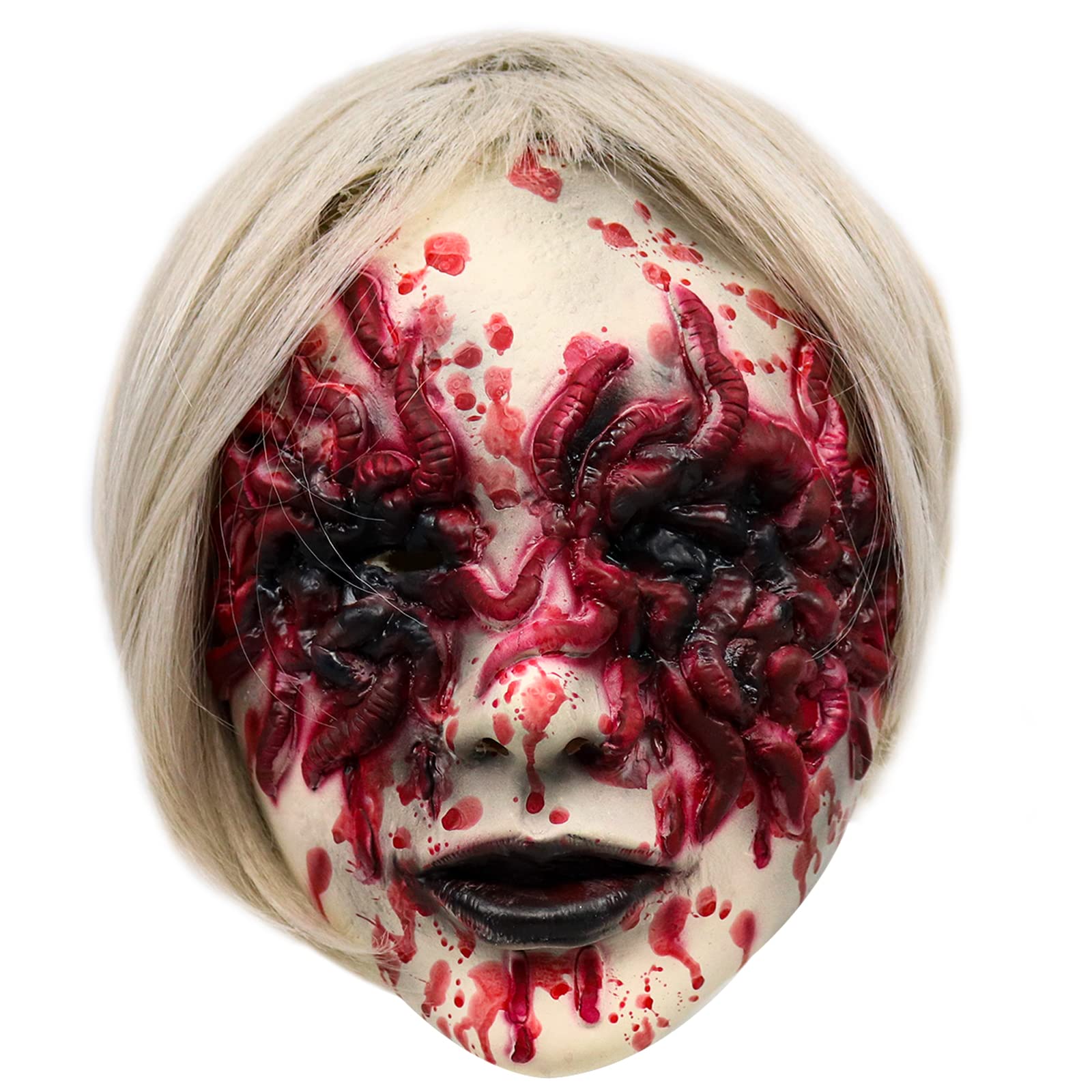 Scary Demon Woman Mask – White Horror Halloween Mask with Silver Hair & Bloody Eye Worm Design (Adult Size)