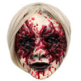 Scary Demon Woman Mask – White Horror Halloween Mask with Silver Hair & Bloody Eye Worm Design (Adult Size)