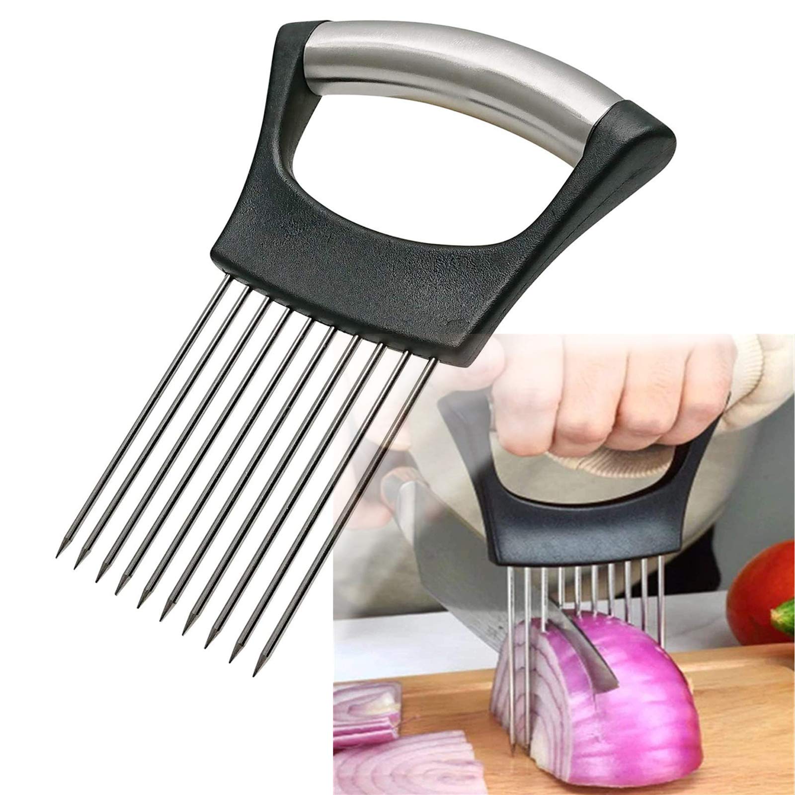 Stainless Steel Onion Holder & Slicing Guide – Non-Slip Handle, Safe & Even Cuts