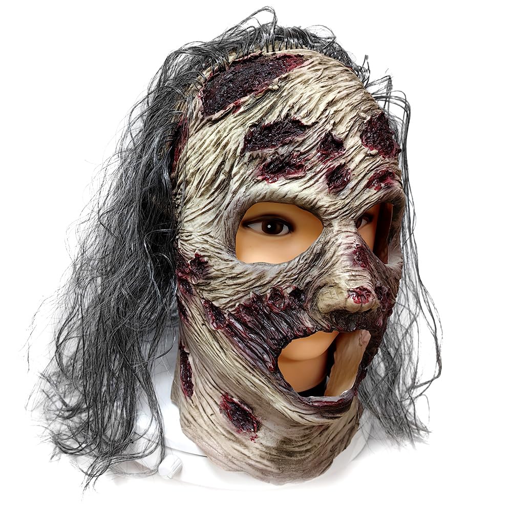 Grey Realistic Zombie Mask – Latex Horror Mask with Purple Hair & Open-Mouth Design 🧟‍♂️💀