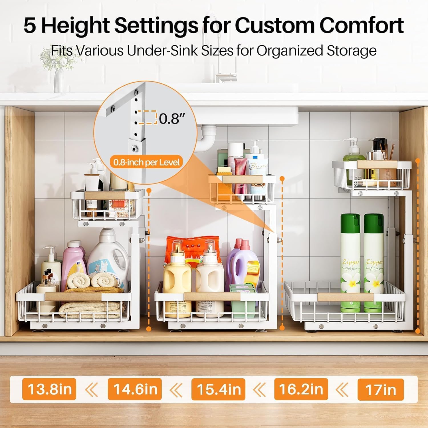 PXRACK Under Sink Organizer 2-Pack – Adjustable Height 2-Tier Pull-Out C-Shape Cabinet Storage for Kitchen & Bathroom