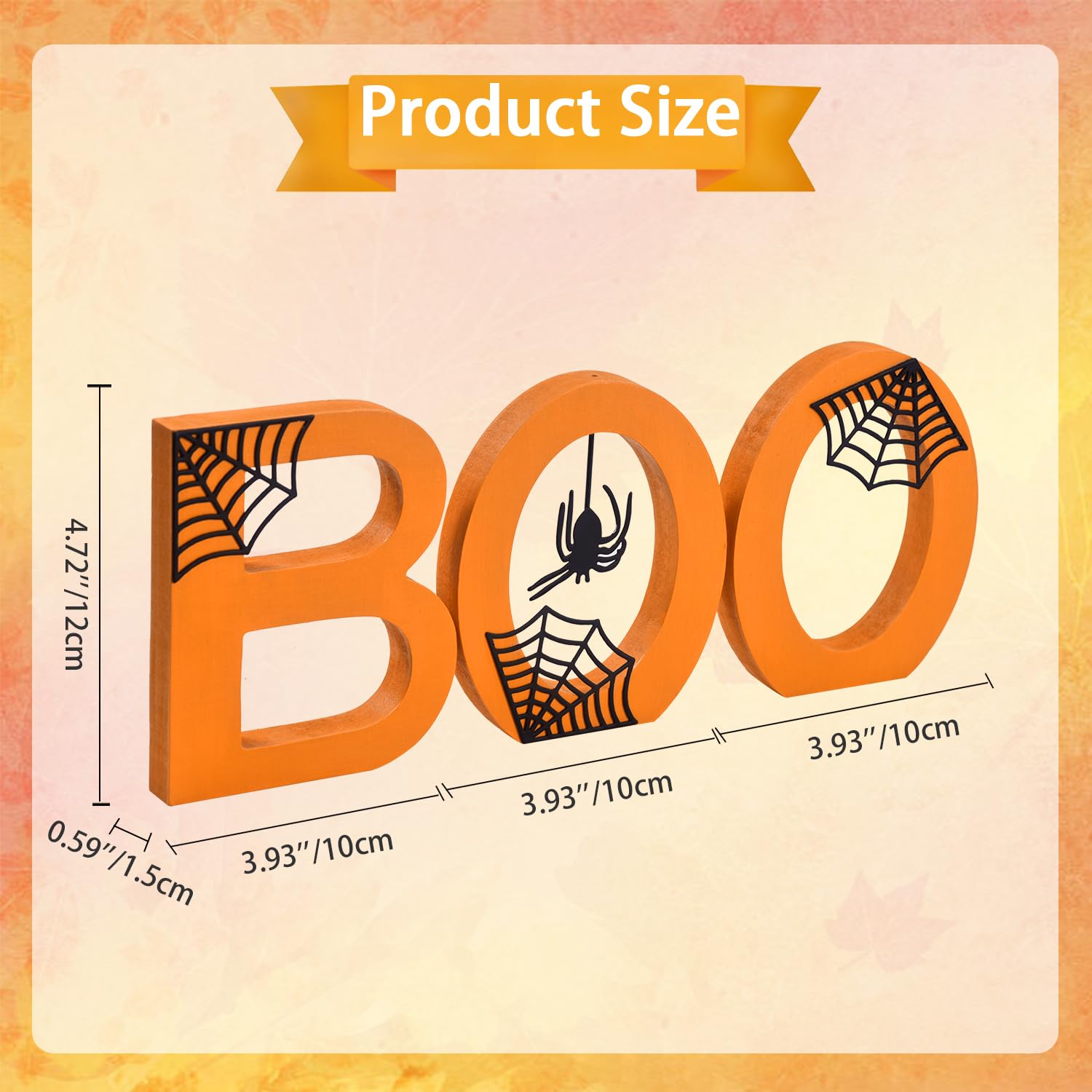 BOO Halloween Wooden Sign – Double-Sided Tabletop Decor with Metal Spiderwebs & Pumpkin Orange Letters