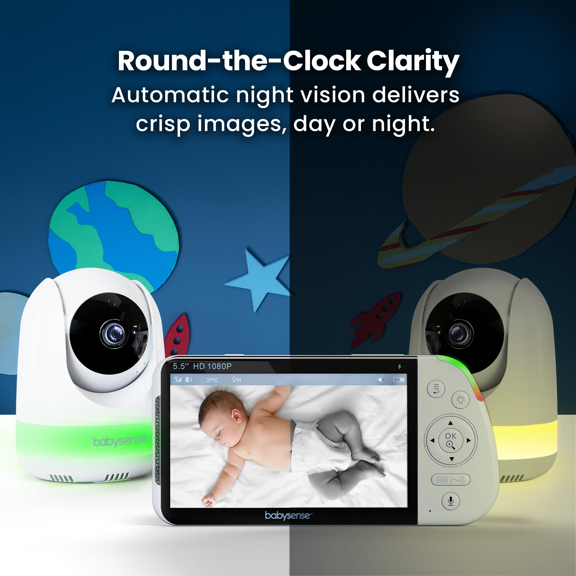 Full HD Baby Monitor with 5.5" Screen & Split-Screen Cameras – Secure Non-WiFi Video Baby Monitor with Night Light